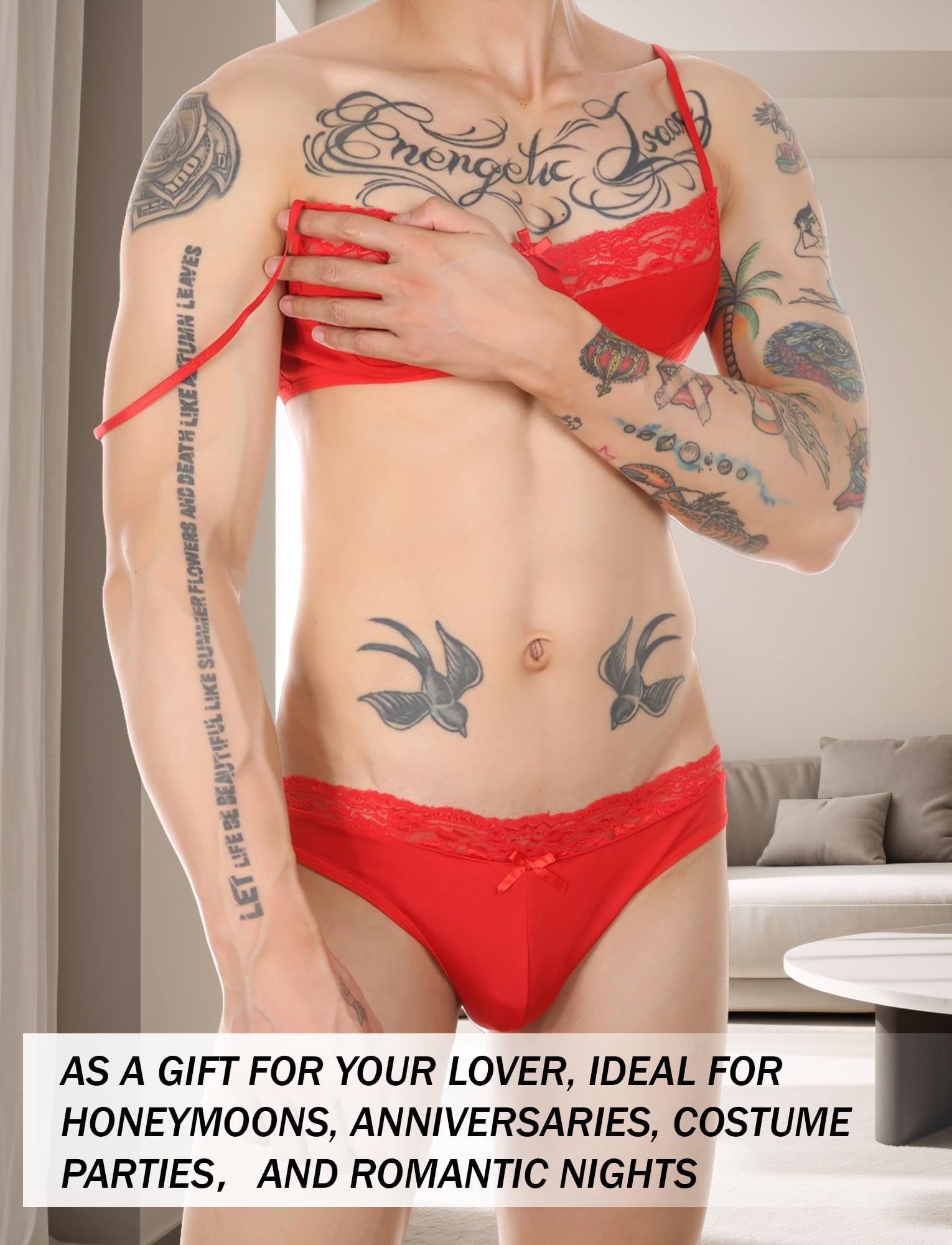 Happy Cherry Männer Bikini Crossdressing Dessous-Set Spitzen-BH Unterwäsche Set 2-Teilig