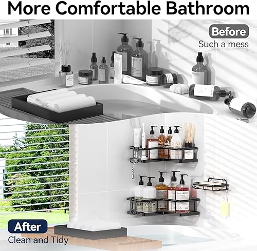 Miniatura 8 de YASONIC Organizador de ducha esquinero, paquete de 3 estantes de ducha adhesivos de acero inoxidable a prueba de óxido con soporte para jabón,