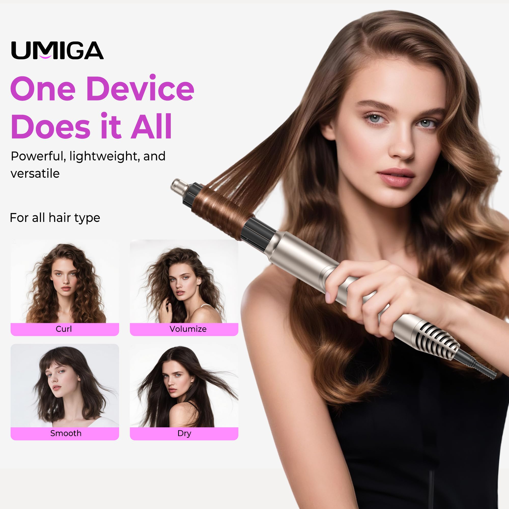 6 en 1 Hairstyler Cepillo de Aire Airstyler Secador Pelo con Difusor Moldeador Pelo con 6 Accesorios para el Peinado Cepillo Alisador Pelo Rizador Pelo Ondas Caja Regalos para Mujer, Oro-platino