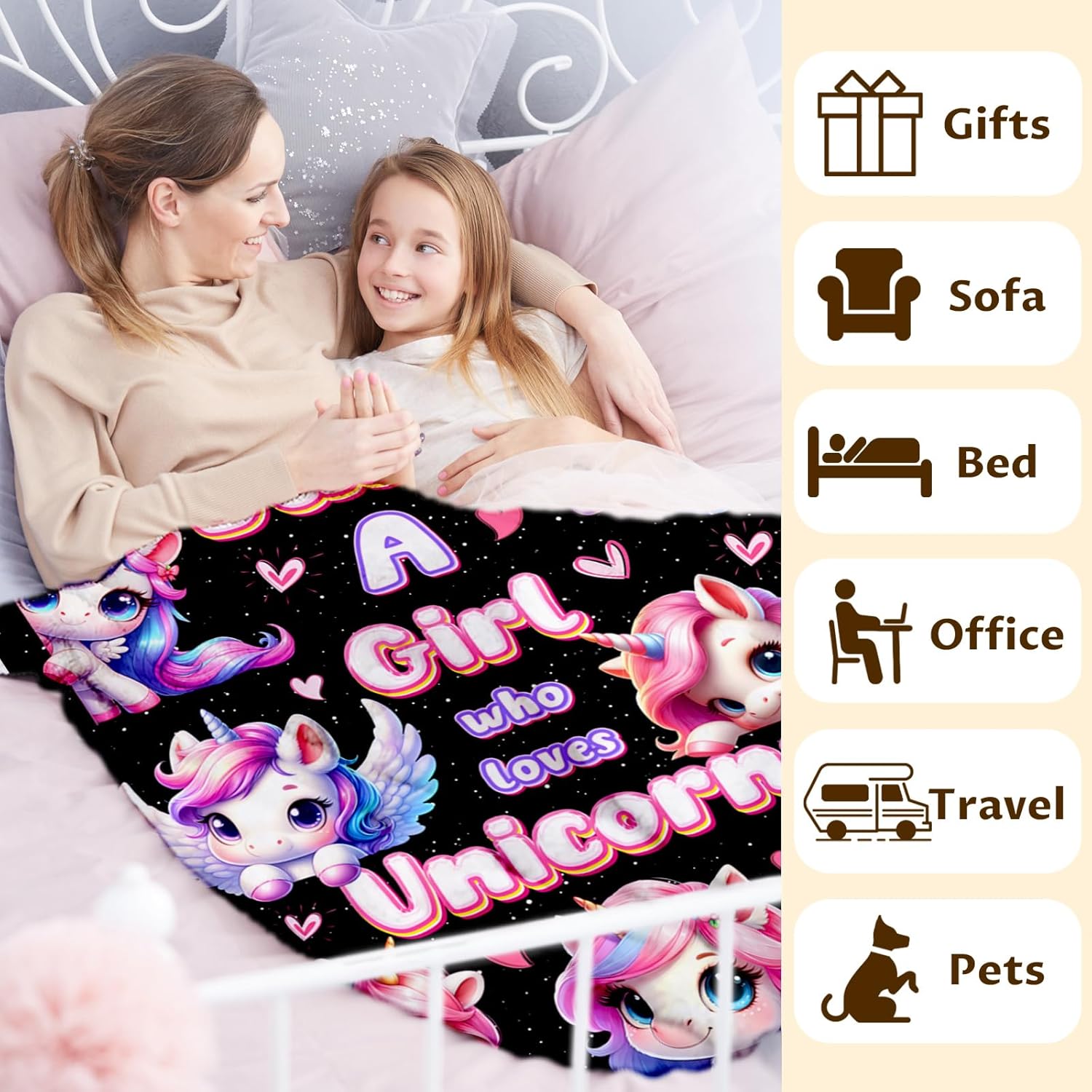 Unicorn Blanket for Girls 6-8 Daughter, Throw Blankets Gift for Kids Birthday, 50x60 Inches Warm Comfy Custom Flannel Throw for Sofa Couch Bed