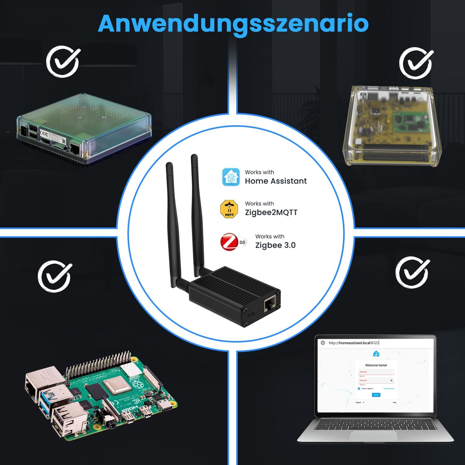 Application scenario showing compatibility with Home Assistant, Zigbee2MQTT, and Zigbee 3.0 devices