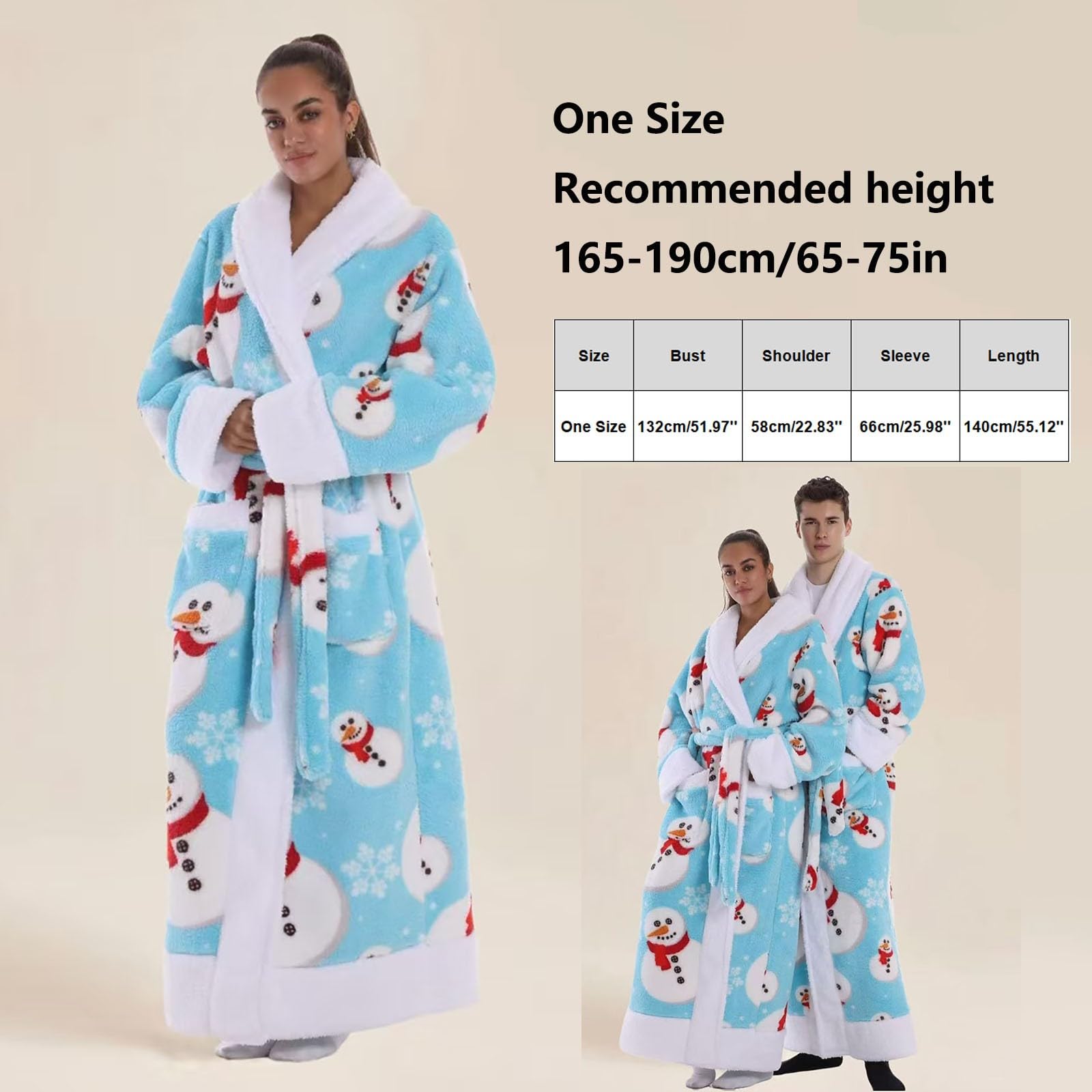 Generisch Accappatoio lungo in flanella con motivo pupazzo di neve, colletto a risvolto, per uomo e donna, caldo, unisex, con tasche in vita, per accoglienti serate di coppia
