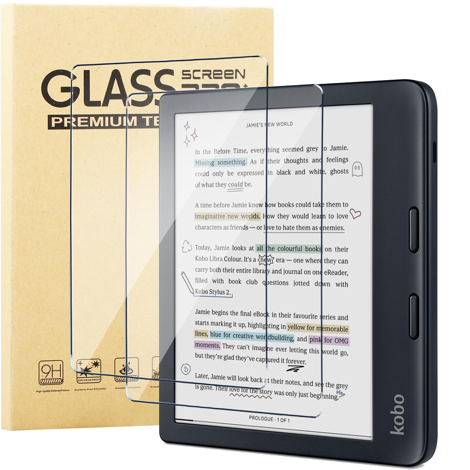 Pellicola Vetro Temperato per Kobo Libra Colour, 2 Pezzi Durezza 9H Anti-Graffio HD Trasparente