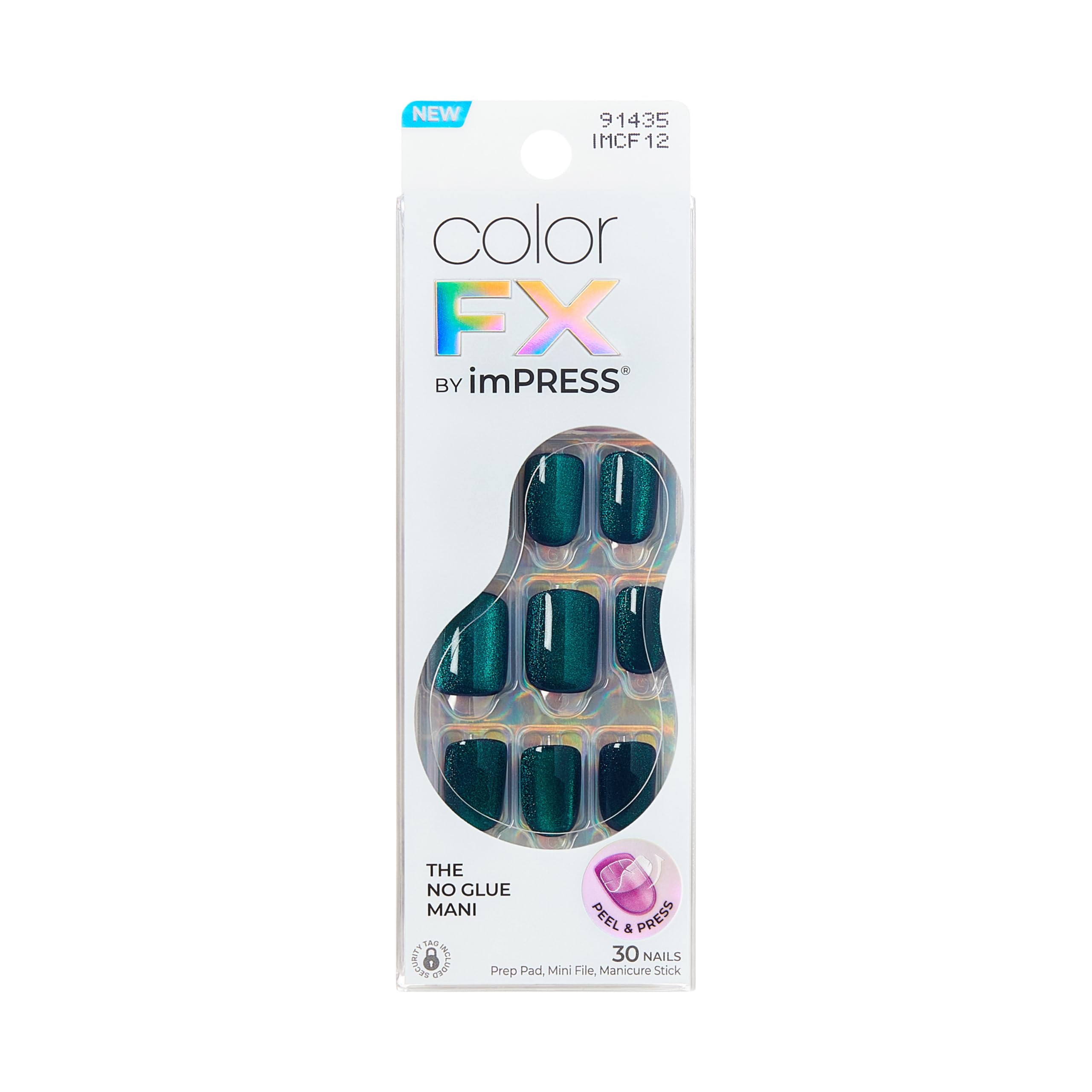 KISS ColorFX Press-On Nails "Better Things" Dark Green, Short Squoval Shape, New and Improved Adhesive Pad, Up to 10 Days Shelf Life, 30 Artificial Nails, Self-Adhesive, DIY