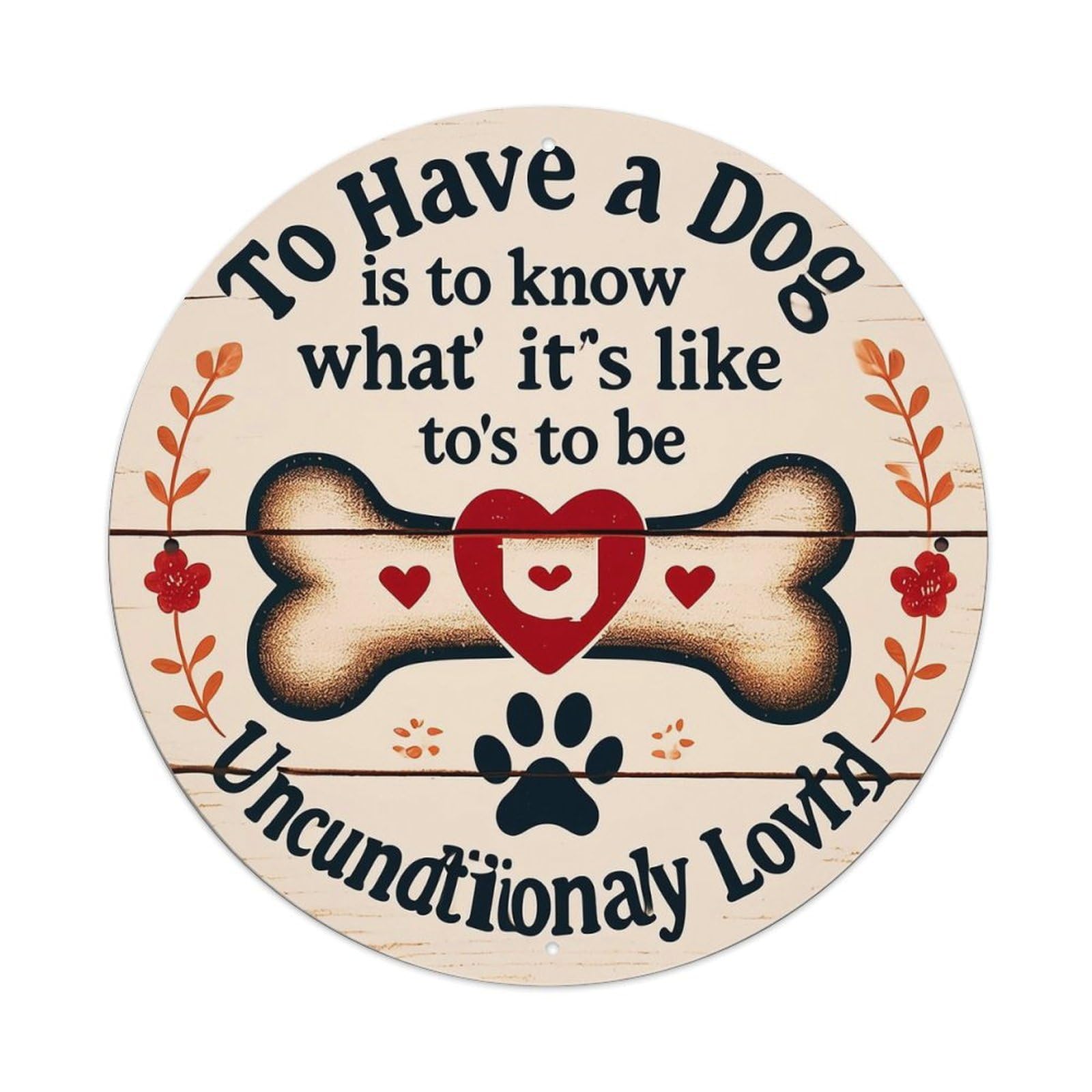 Dog Bone Heart Paw Print Vintage Round Tin Sign Retro Metal Wall Decor Metal Poster, Home Bar Garage Cafe Wall Art Decoration 8x8Inches