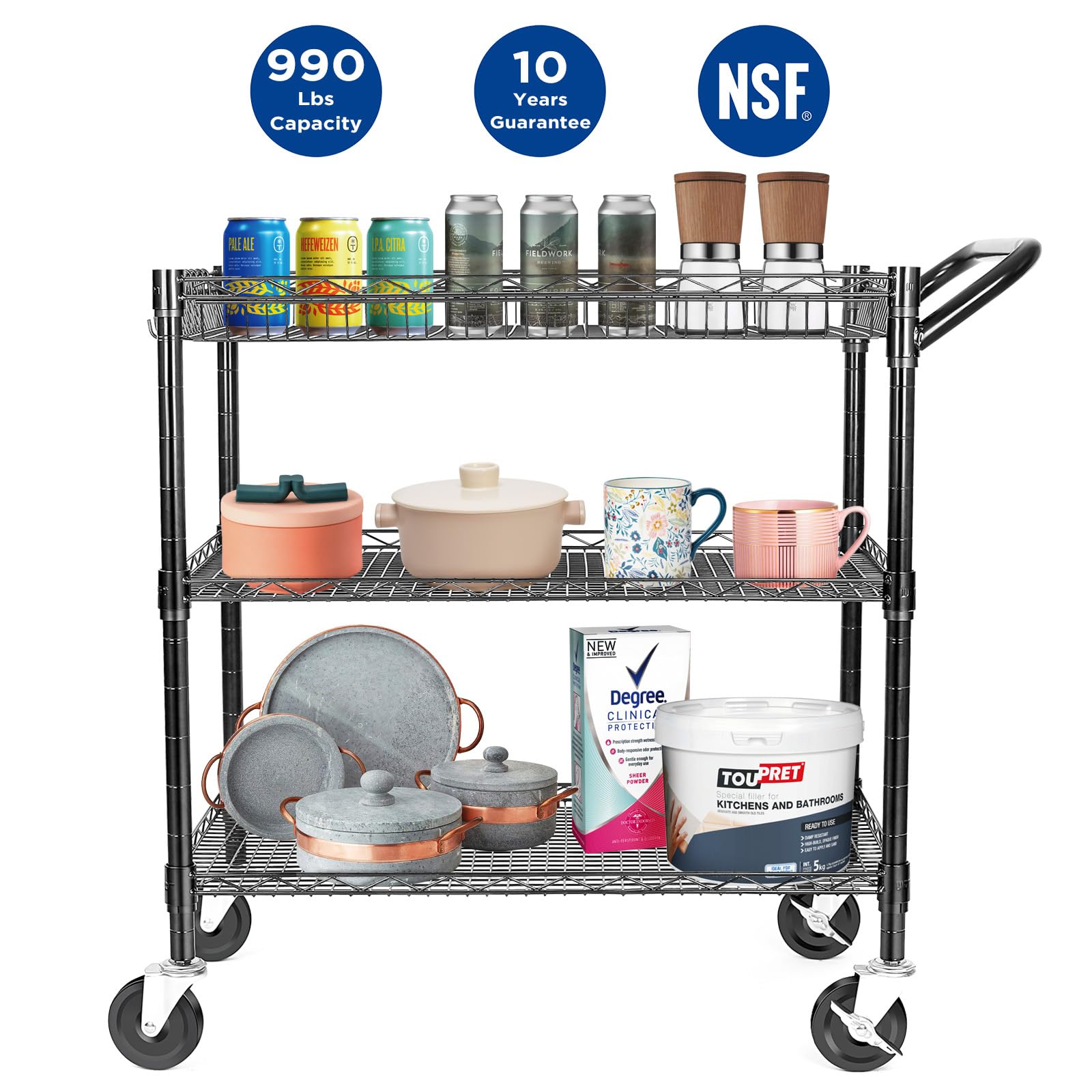 WDT Robuster Rollwagen von NSF mit Rädern, Metallwagen in handelsüblicher Qualität, mit Lenker und Regaleinlage, Servierwagen für Restaurant, Küche, Schwarz