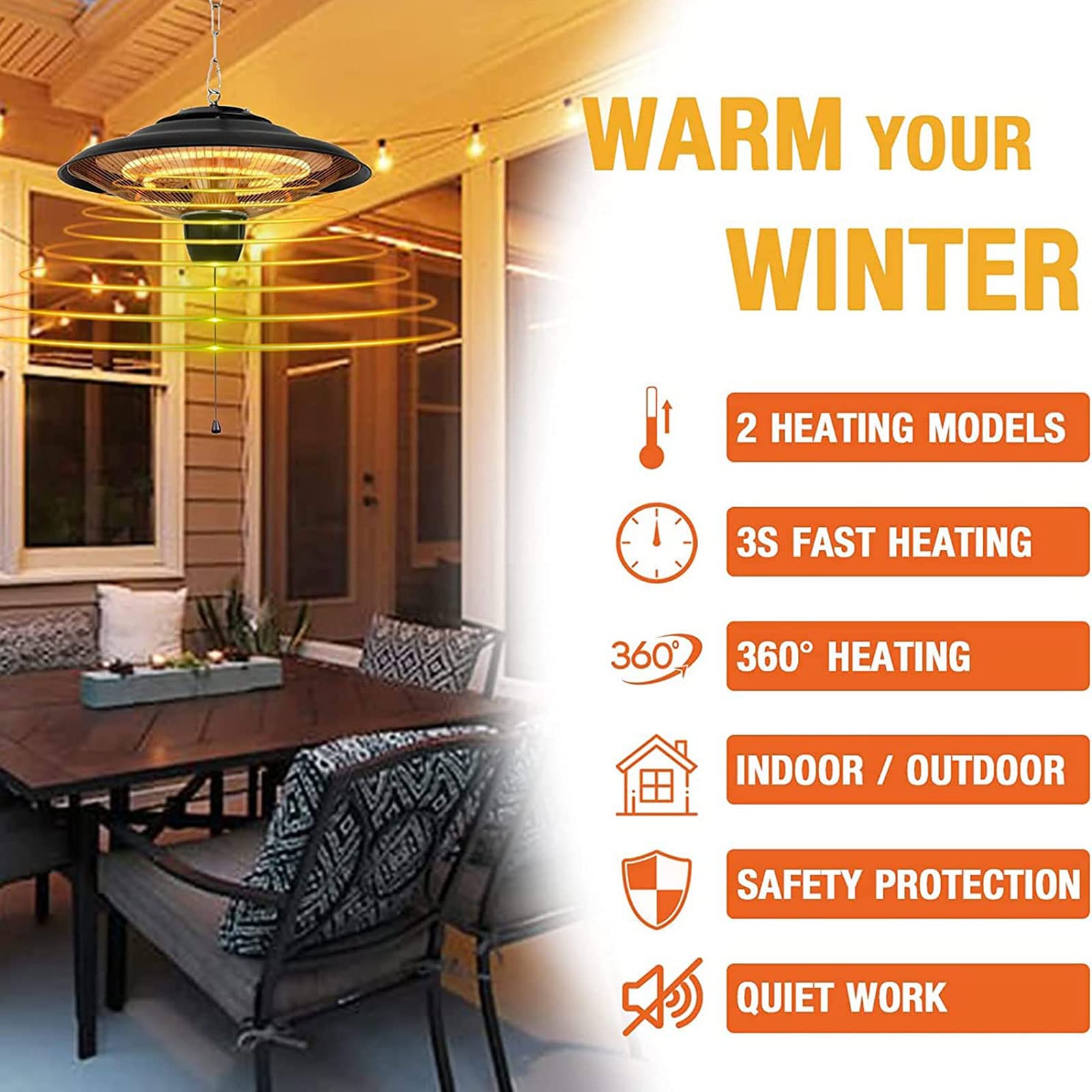 Amazon.com: 1500W Hanging Infrared Heater, Outdoor Patio Ceiling Electric  Heaters, Upgraded Garage Heater with 2 Adjustable Modes 600W/1500W,  Over-Heat Protection,IP55 Waterproof : Patio, Lawn u0026 Garden