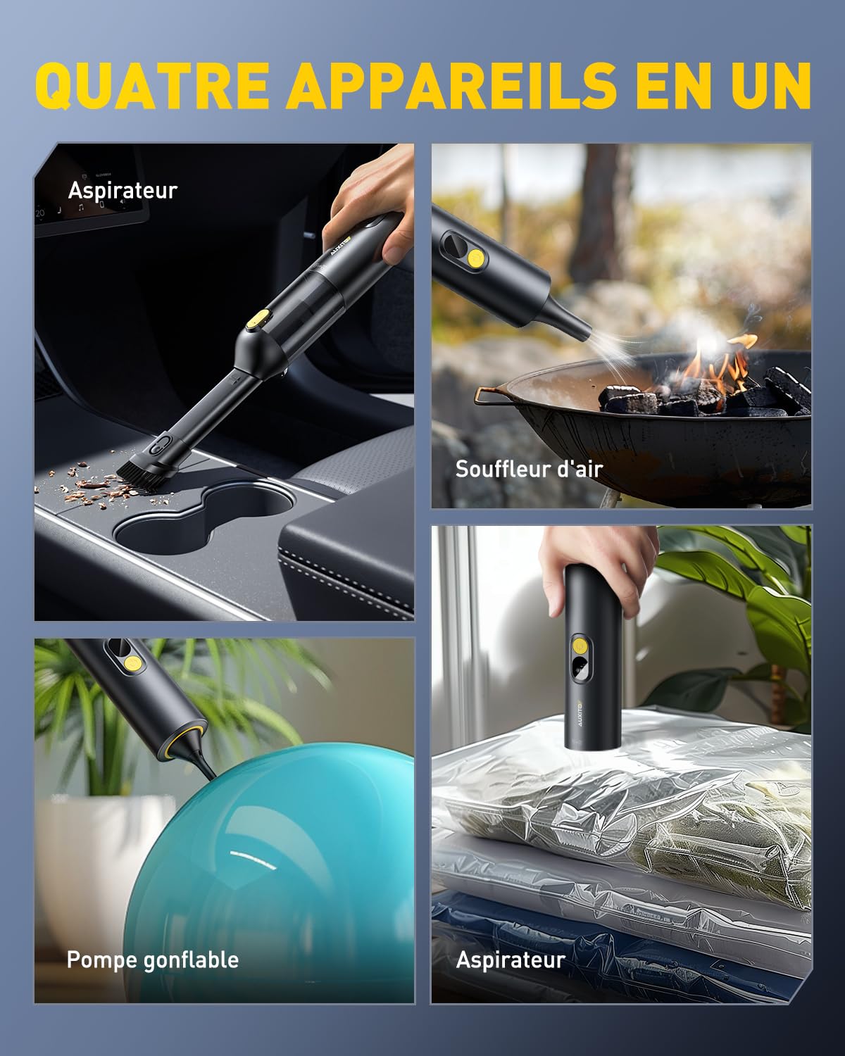 AUXITO Aspirateur à Main sans Fil,Aspirateur Voiture Puissant 24000pa,30 Minutes d'autonomie,4 en 1 Aspirateur De Voiture avec Brosse pour Animaux,Mini Aspirateur pour Voiture,Maison,Bureau(Sombre)
