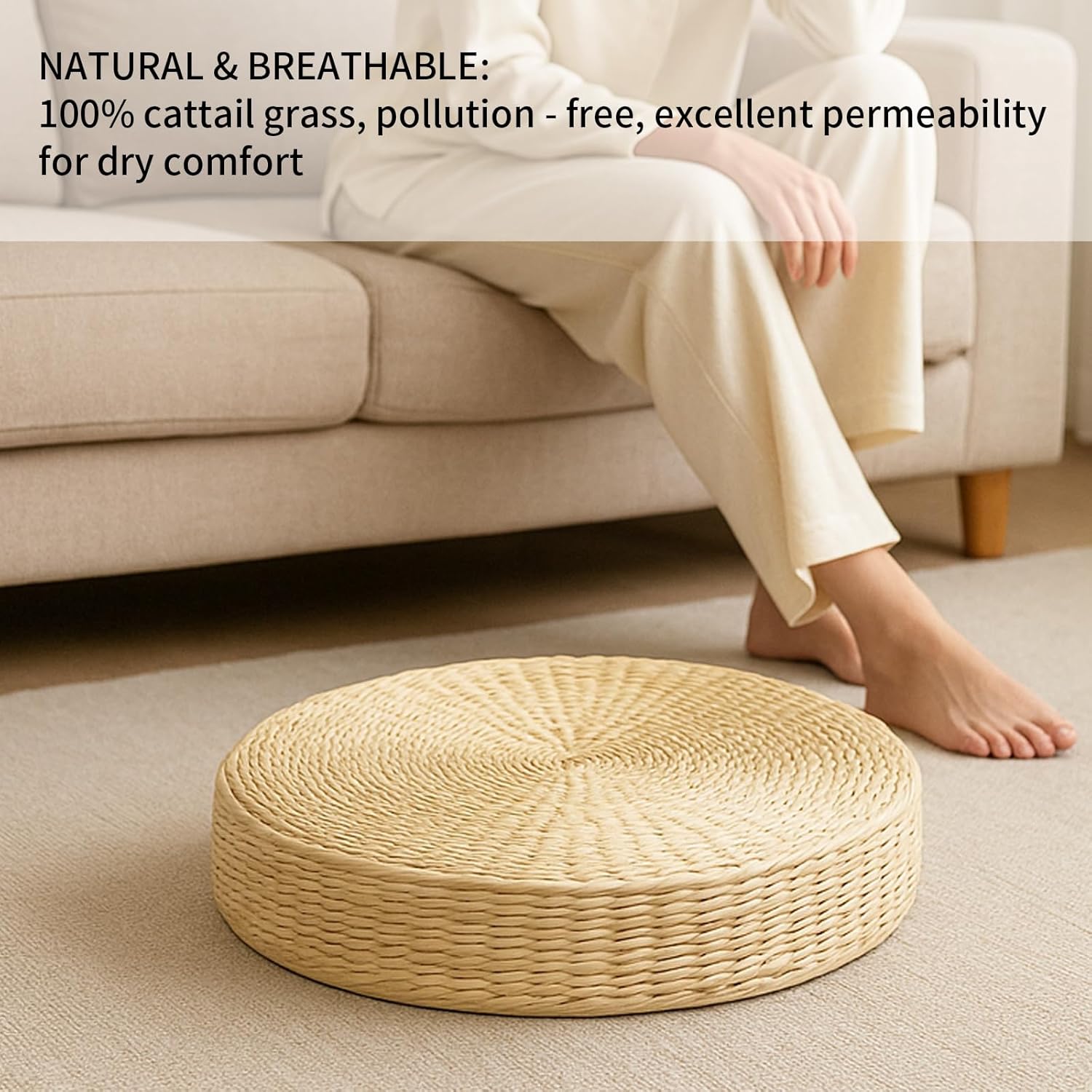Round Tatami Floor Pillow Cushion, Handwoven Meditation Straw Cushions for Living Room Yoga Window Seat Reading Nook Bedroom Outdoor Seat (Dia: 15.7")