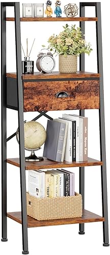 Furologee Estantería de escalera de 4 niveles, estantería de escalera estrecha con cajón, moderna estantería independiente, organizador de estantes