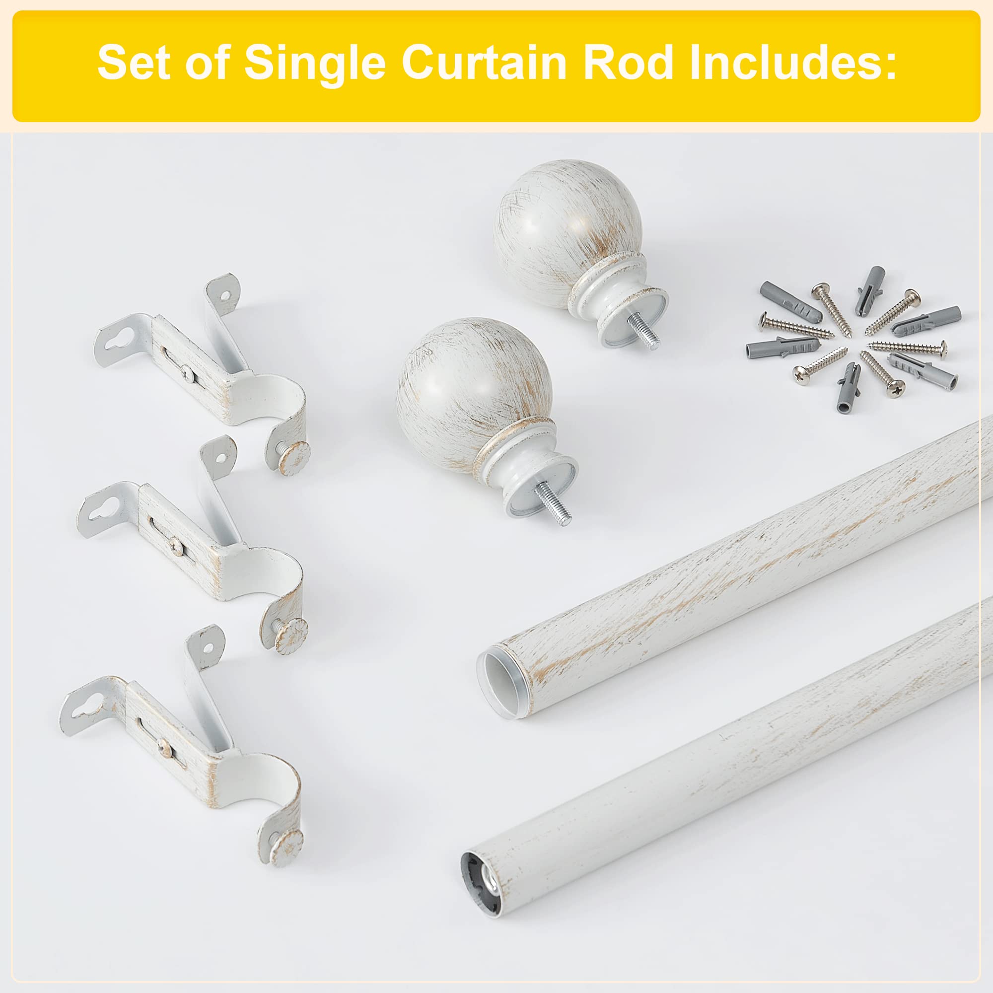 NICETOWN Tringle à rideaux décorative pour fenêtre simple, style rétro, standard de 2,8 cm de diamètre, réglable de 71,1 à 121,9 cm de long avec embouts ronds, blanc antique