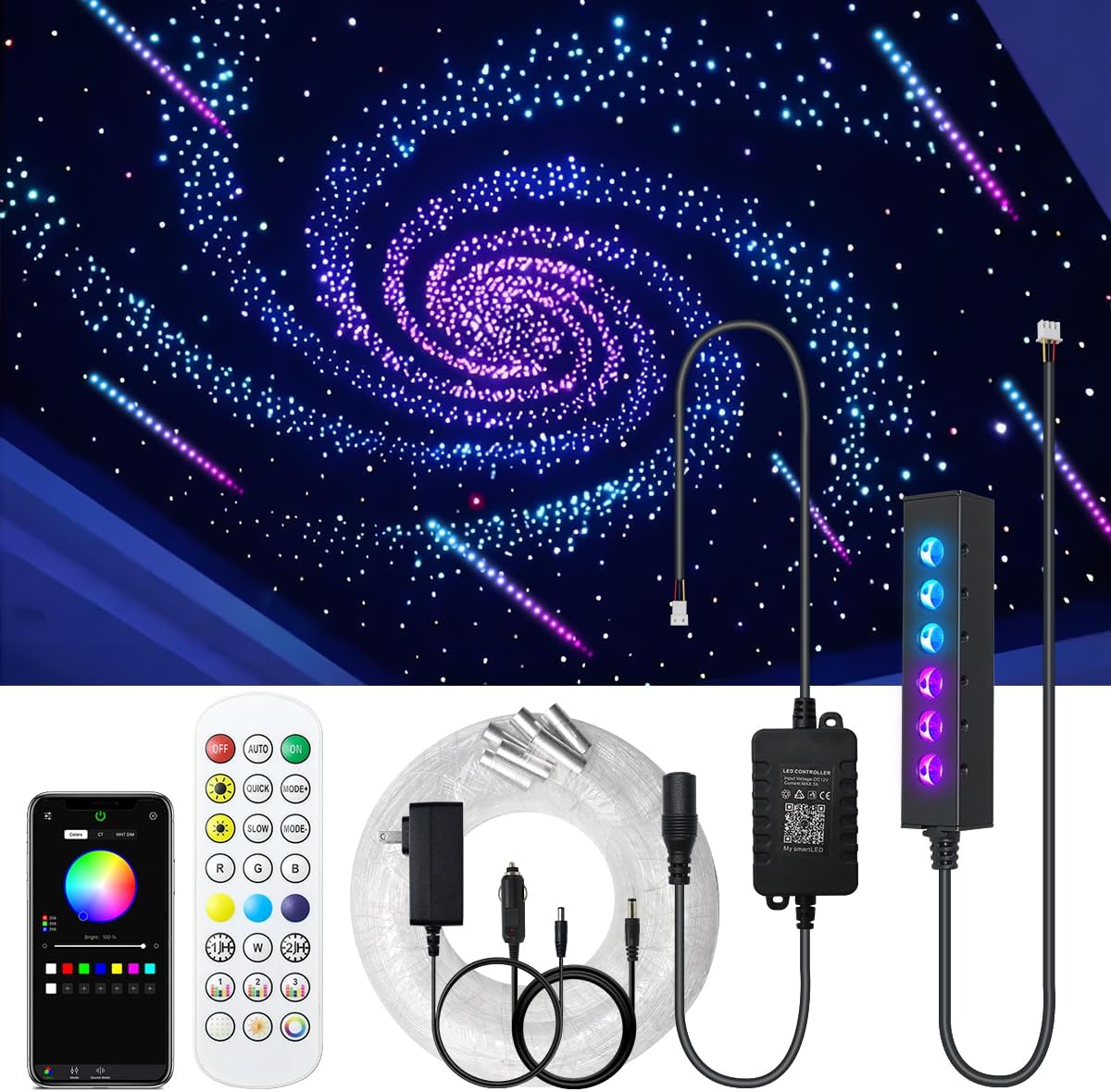 AKEPO 3.2W 6-Hole RGB Colorful Fiber Optic Light Kit, Car Home APP Control 13.1ft 360pcs*0.75mm/0.03in Optical Fiber Mixed Color Chasing Timer MIni Size Star Ceiling Light
