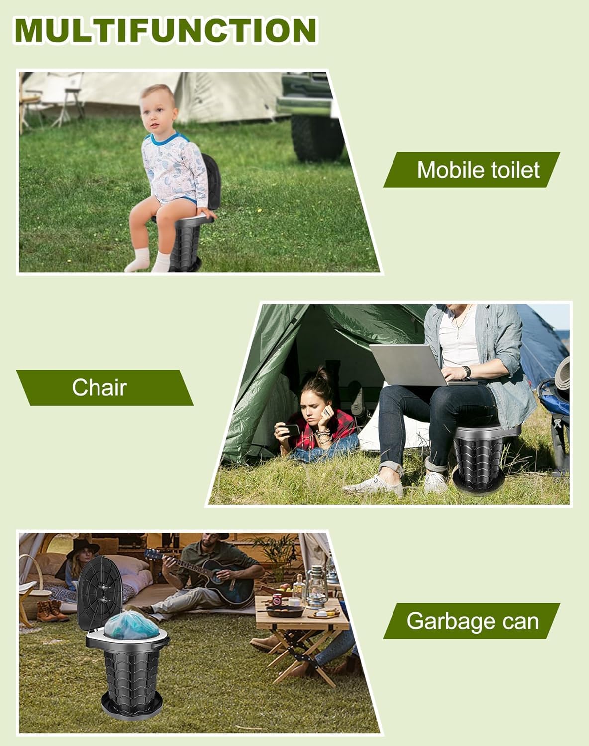 Campingtoilette Faltbar mit Toilettenbeutel, Campingklo mit Deckel, Mobile Toilette Höhe 34cm, Tragbar, Stabil, Max 400 Lbs, für Outdoor-Camping, Grillen, Reisen, Angeln, Strand, Selbstfahren