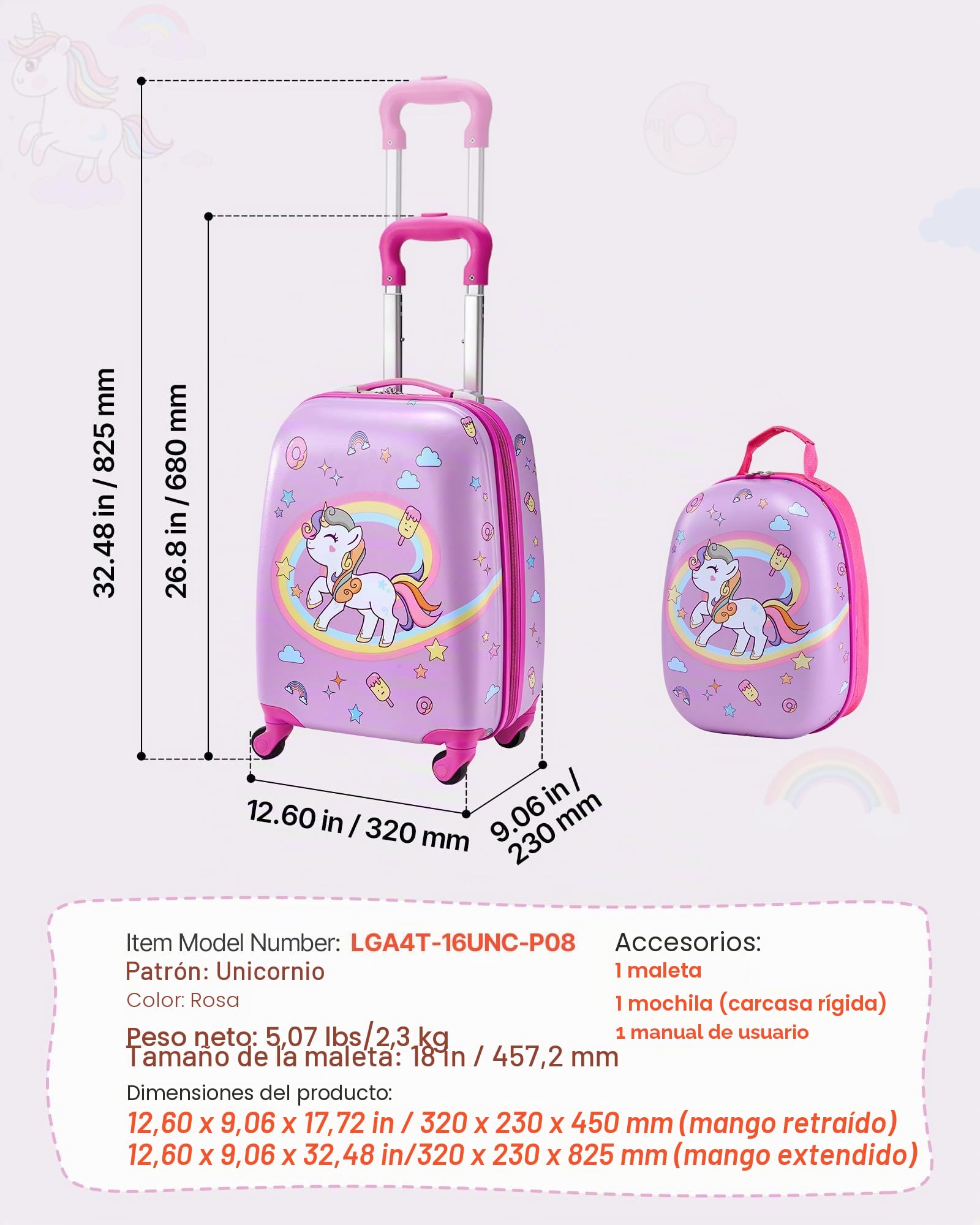 VEVOR Juego de Maletas para Niños 2 Piezas, Maleta de Cabina con Ruedas 45,7 cm Mochila de Carcasa Dura, Patrón Unicornio Rosado, Equipaje Infantil para Escuela Viaje Camping, Aprobado por Aerolíneas