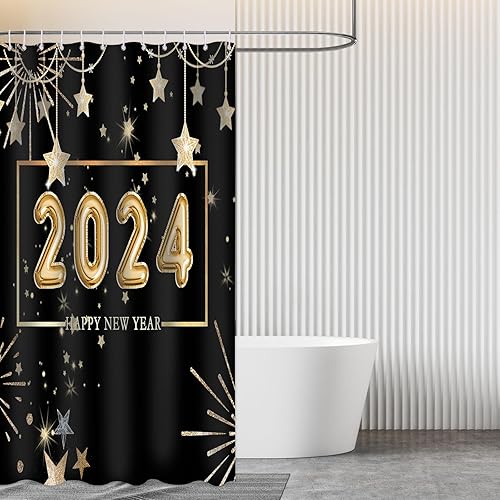 Miniatura 6 de Cortina de ducha con texto en inglés Happy New Year 2024 para baño, juego de cortina de ducha de tela impermeable con 12 ganchos, 72 x 72 pulgadas