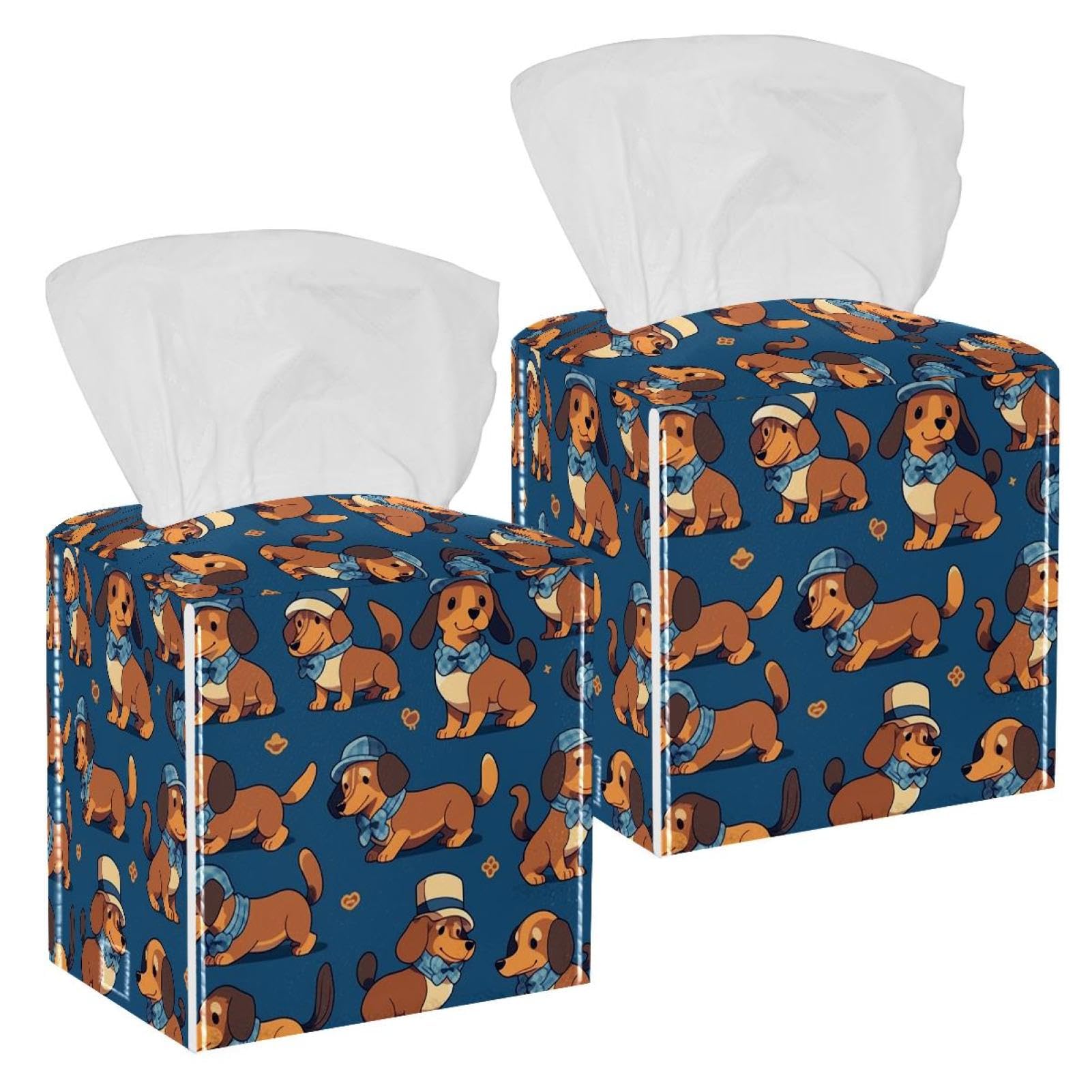 Cartoon Dog Tissue Box Cover, 2 Pack PU Leather Square Facial Tissue Dispenser Box holder for Home Office Car
