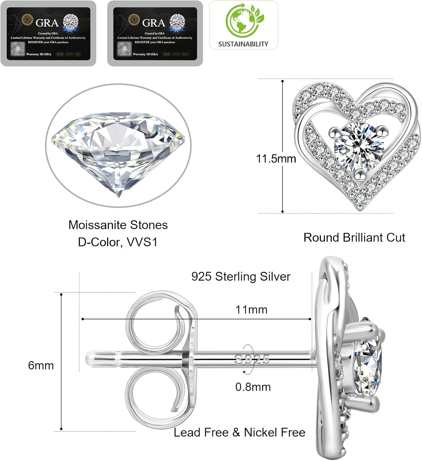 Moissanite Stud Earrings, 0.6ct-2ct Brilliant Heart Shape Lab Created Diamond Earrings, D Color VVS1 Clarity, White Gold Plated Silver Friction Back for Women - Image 2
