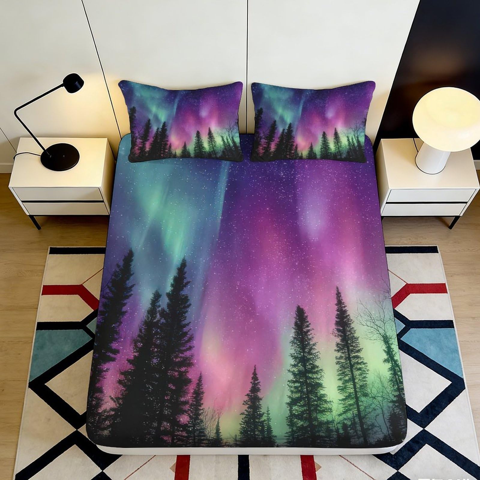 3D Printed Northern Lights Fitted Sheet Microfiber Soft Breathable Aurora Forest Mattress Cover for Bedroom Dorm Mattress Protection Decor 200x200x25cm