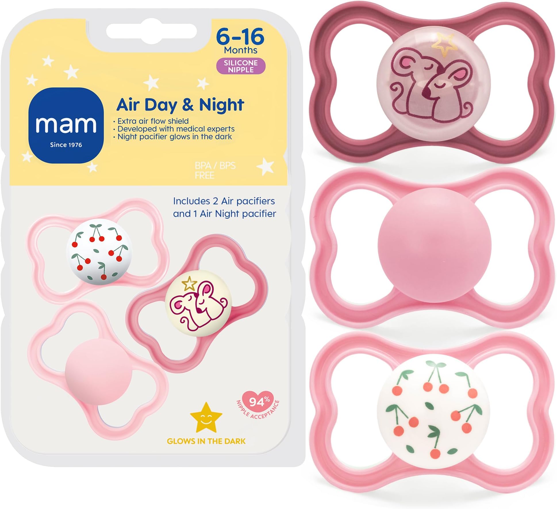MAM Air Pacifier for Babies 6-16 Months, Extra Air Flow for Sensitive Skin, Glows in The Dark, Developed with Medical Experts, BPA-Free Skin Soft Silicone, 3 Count, Made in Europe