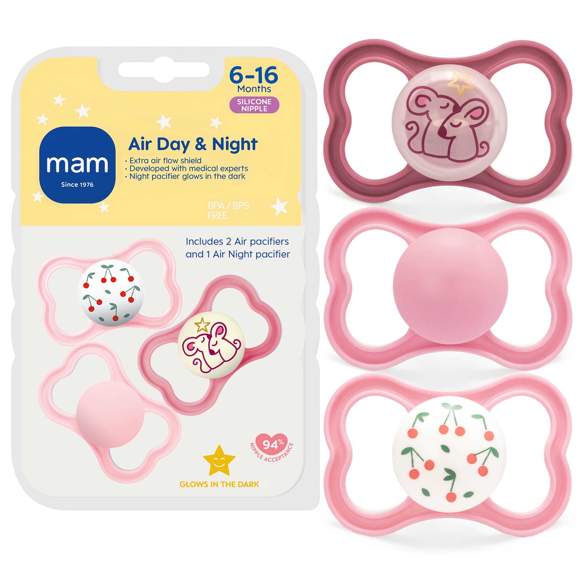 MAM Air Night & Day Lot de 3 tétines pour bébé pour peaux sensibles, brille dans le noir, 6-16 mois, fille