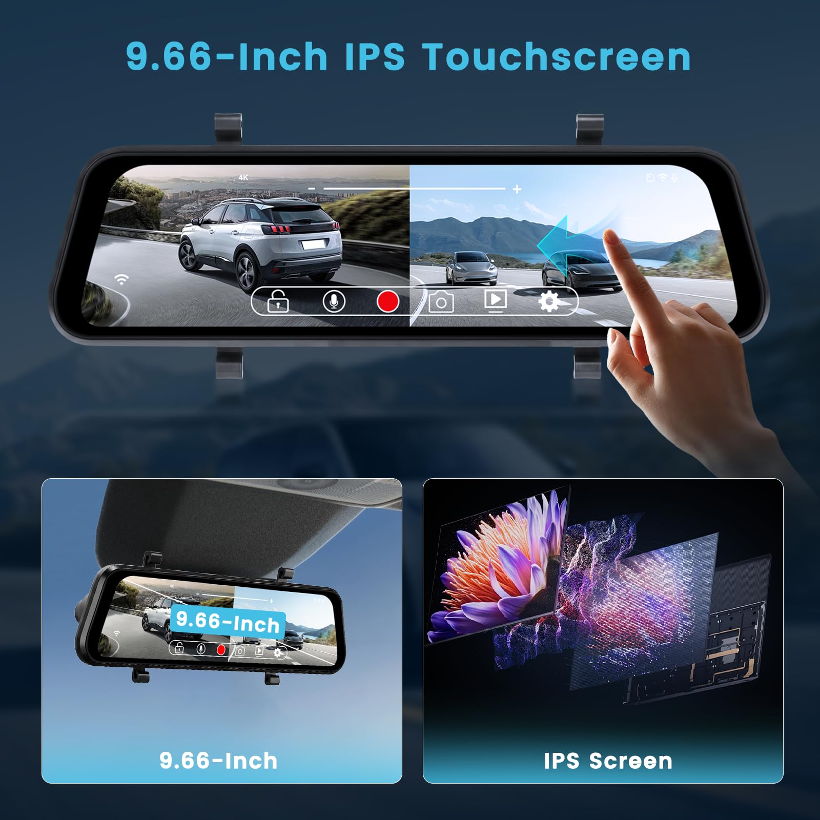 Inefala 9,66" Dashcam Espejo Retrovisor 4K+1080P WiFi con Tarjeta SD 64GB