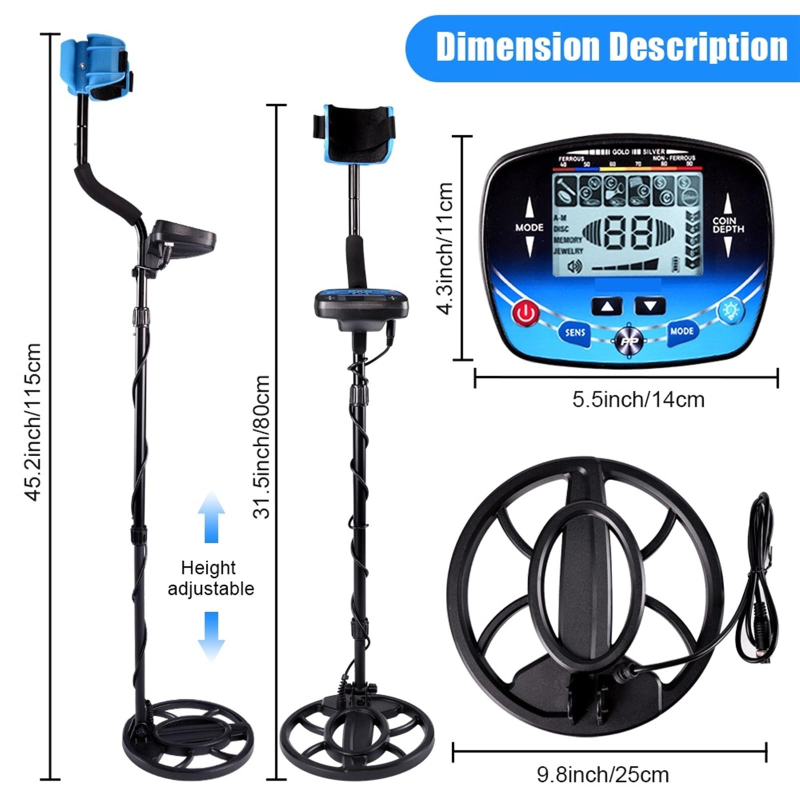Unterirdischer Metalldetektor Gold LCD Suche Ziel-ID Max Tiefe Schatzsuche PinPointer Wasserdichtes Ortungsmodell zur Goldsuche