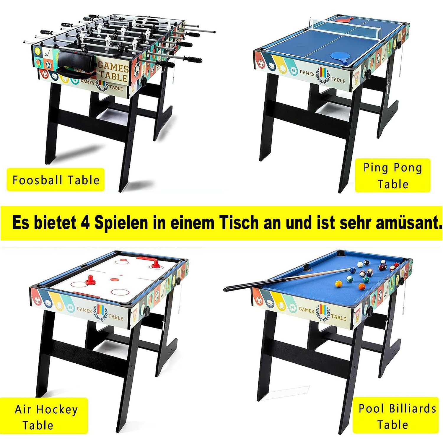 HLC 4 in 1 Spieltisch mit Kickertisch/Billardtisch/Tischtennis/Hockey Futbolín de Madera, Mesa multijuegos, Juguetes niños 6 años, Juegos de mesa, Futbolines para niños, Juegos de mesa Adulto