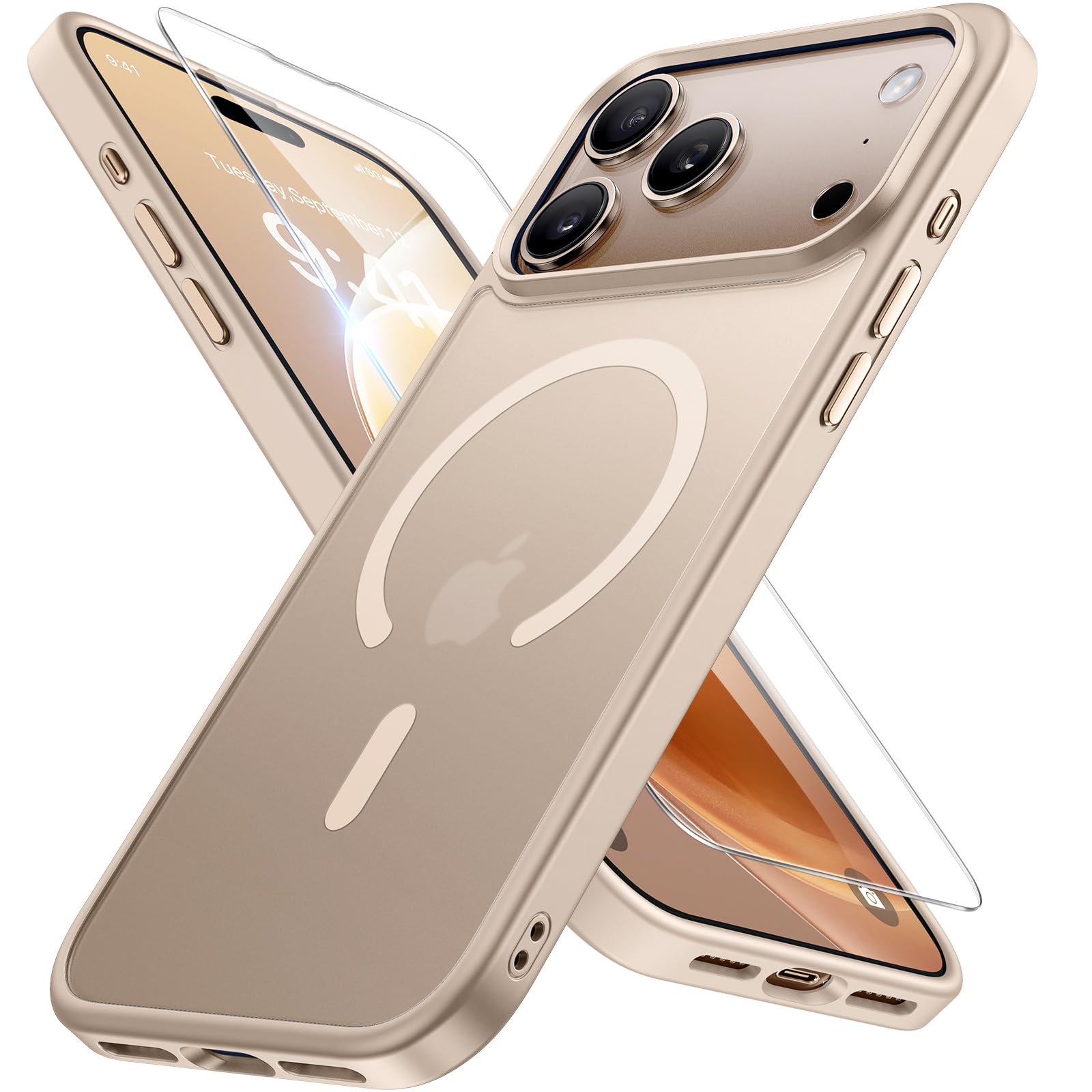 Miracase for iPhone 17 Pro Max Case with Screen Protector [Compatible with MagSafe] Slim Thin Phone Case Military-Grade Protected for 17 ProMax Cover Bumper 6.9", Khaki Gold