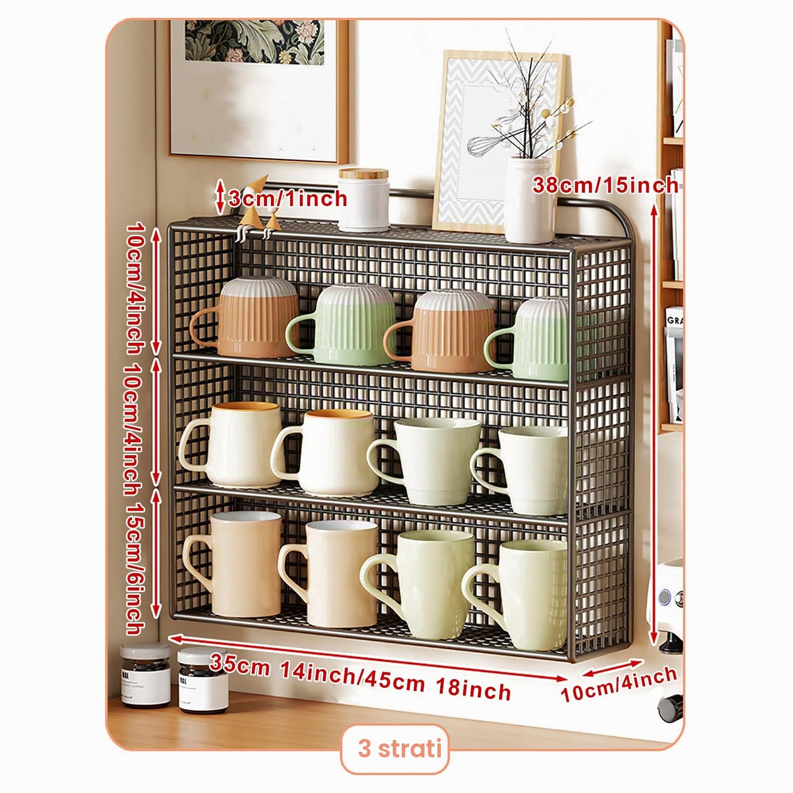 Portaoggetti per Tazze, Organizer per Tazze in Metallo, Porta Tazze da tè, Mensola Portaoggetti A Parete per Cucina, Dispensa, Frigorifero, Bagno e Ufficio(45x10x38cm(18x4x15inch), White)