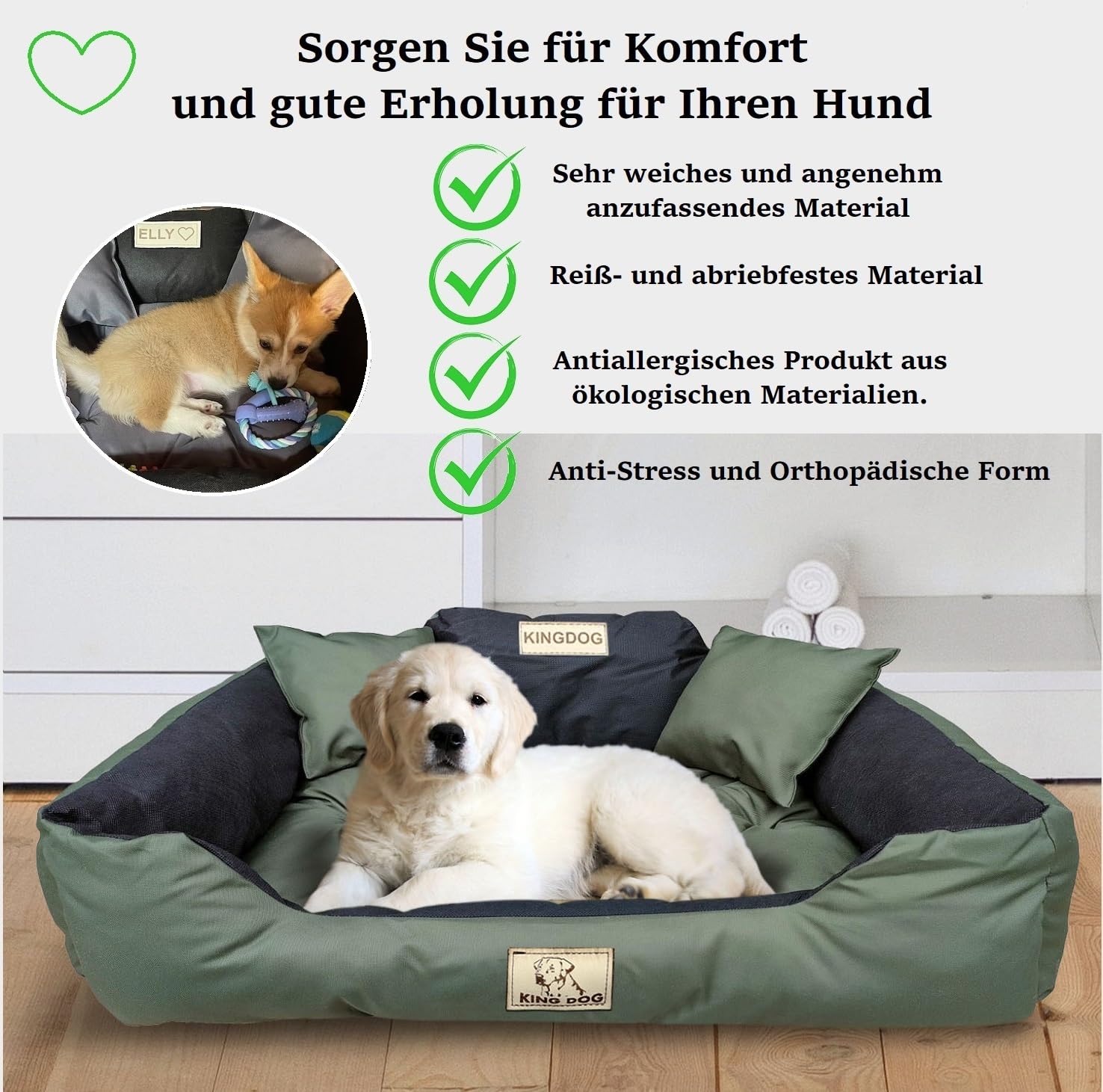 KING DOG Hundebett Grosse Hunde Waschbar L 100 x 75 cm Hundekissen Haustierbett Hundekorb Personalisiert - Name des Hundes Wasserdichtes Material Silikon Füllung Grün