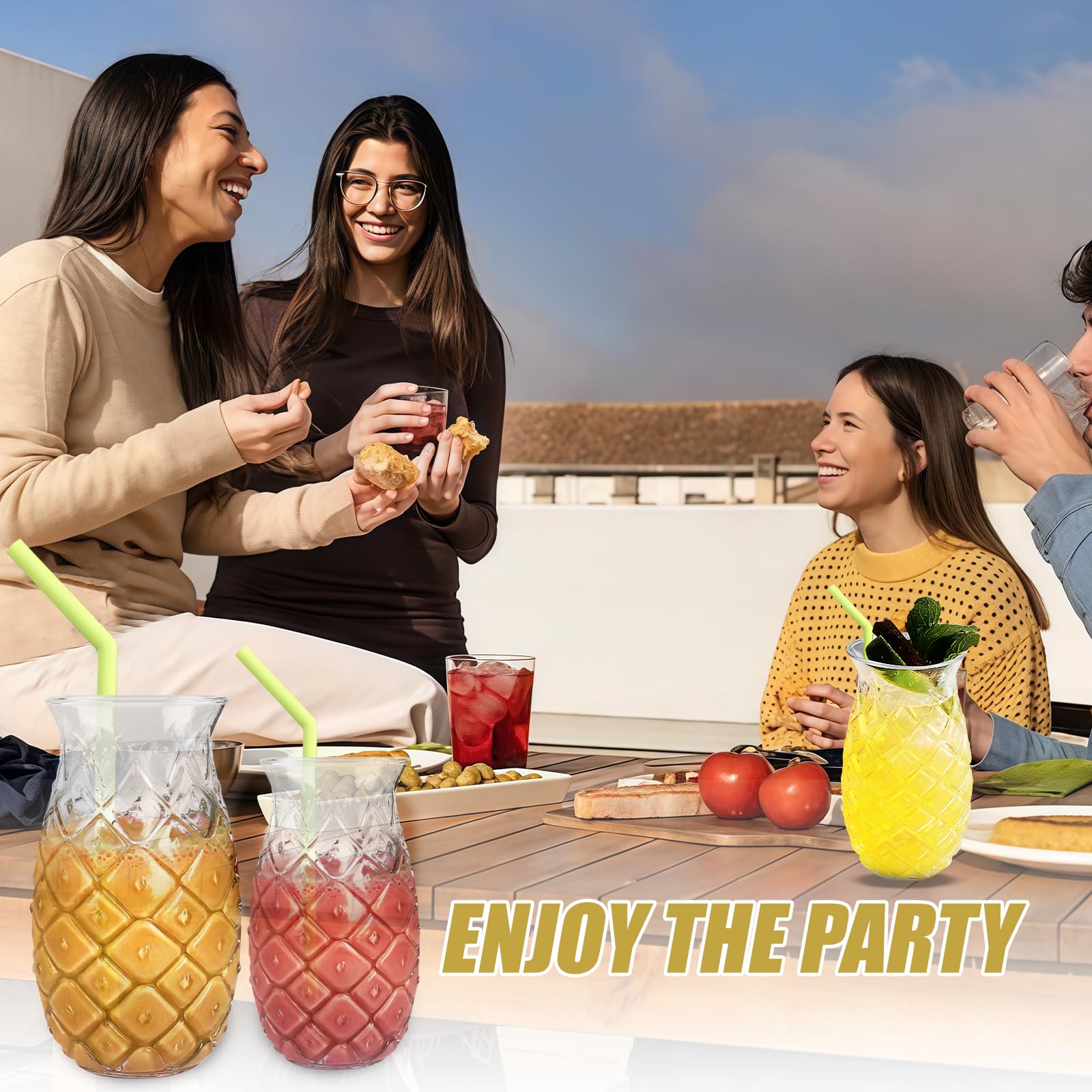 Set di 4 bicchieri di ananas: 400 ml, trasparenti da cocktail con rilievo di ananas, riutilizzabili, bicchieri da festa con 4 cannucce + spazzole di paglia, bicchieri di succo, bicchieri da