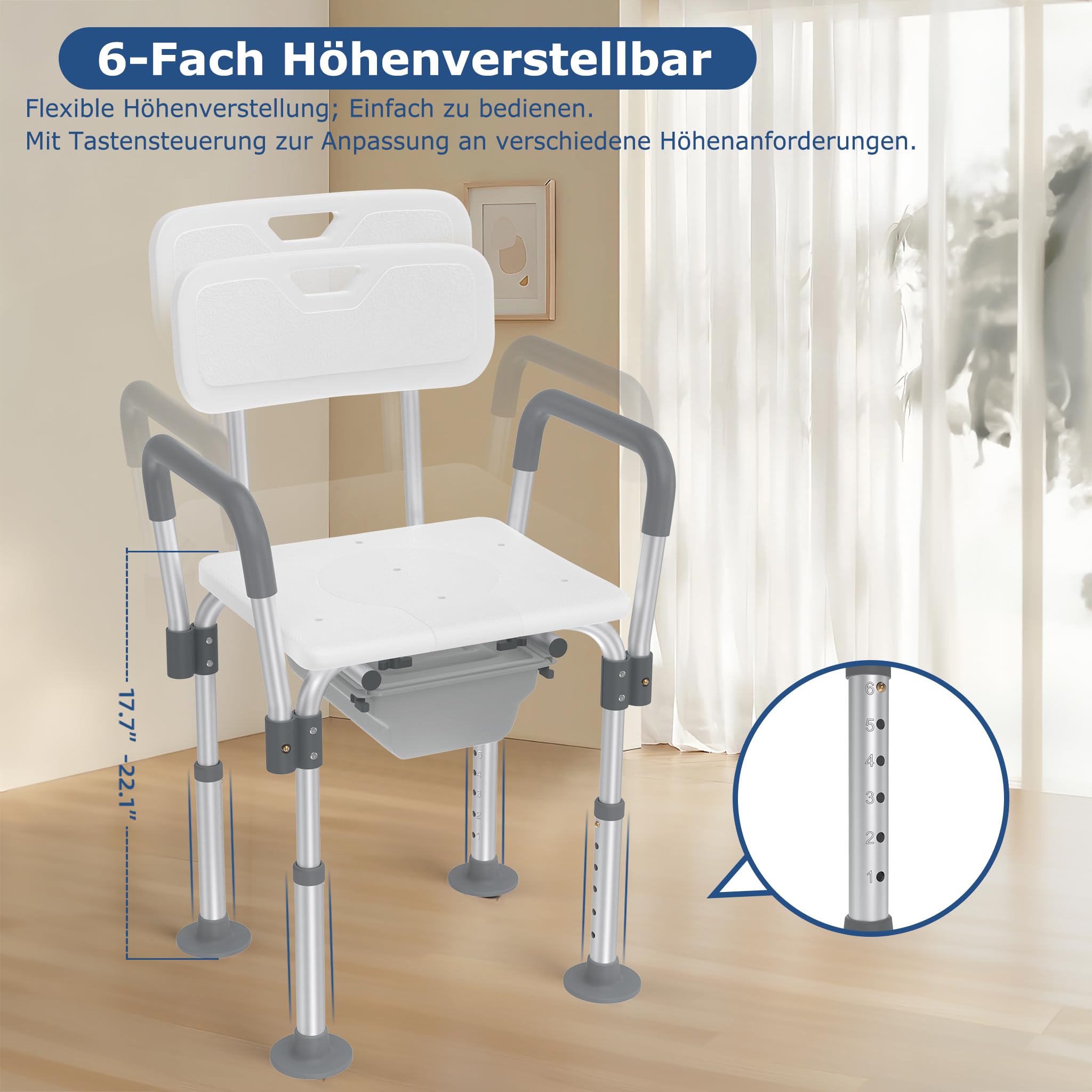 Aluminiowe higieniczne krzesło toaletowe z regulacją wysokości, ze zdejmowanymi podłokietnikami, oparciem, stołkiem prysznicowym, antypoślizgowe, do 150 kg