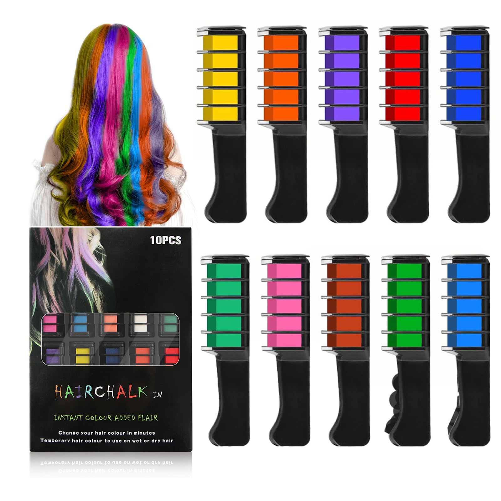 10 Colors Colorful Hair Chalk Comb, Temporary Bright Hair Color Dye for Women, Washable Hair Chalk for Party Birthday DIY Makeup Cosplay Look