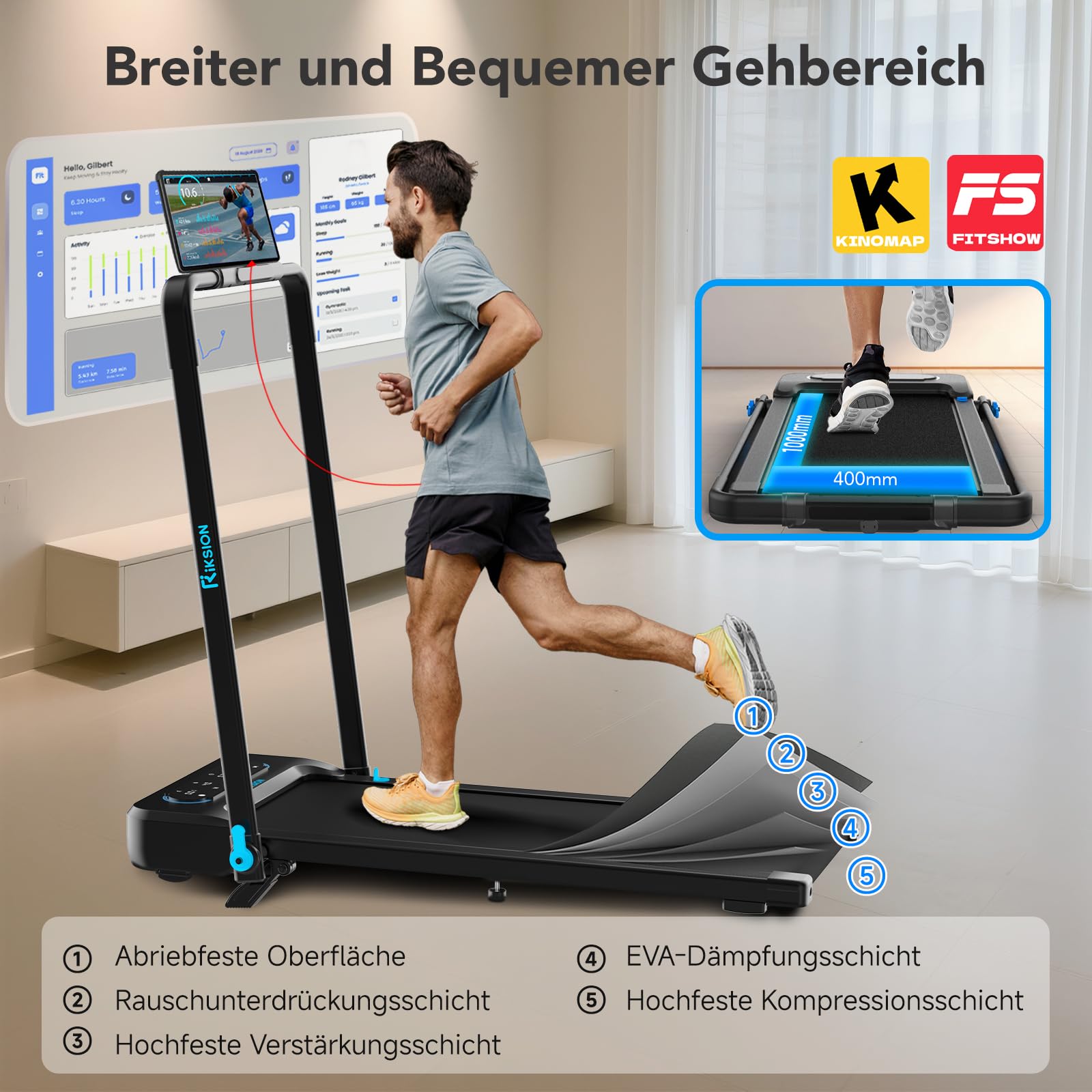 Laufbänder mit 10% Neigung LED-Monitor APP, 1-14 km/h Untertisch-Gehunterlage mit faltbarem Handlauf für Zuhause/Büro, Workout, Joggen