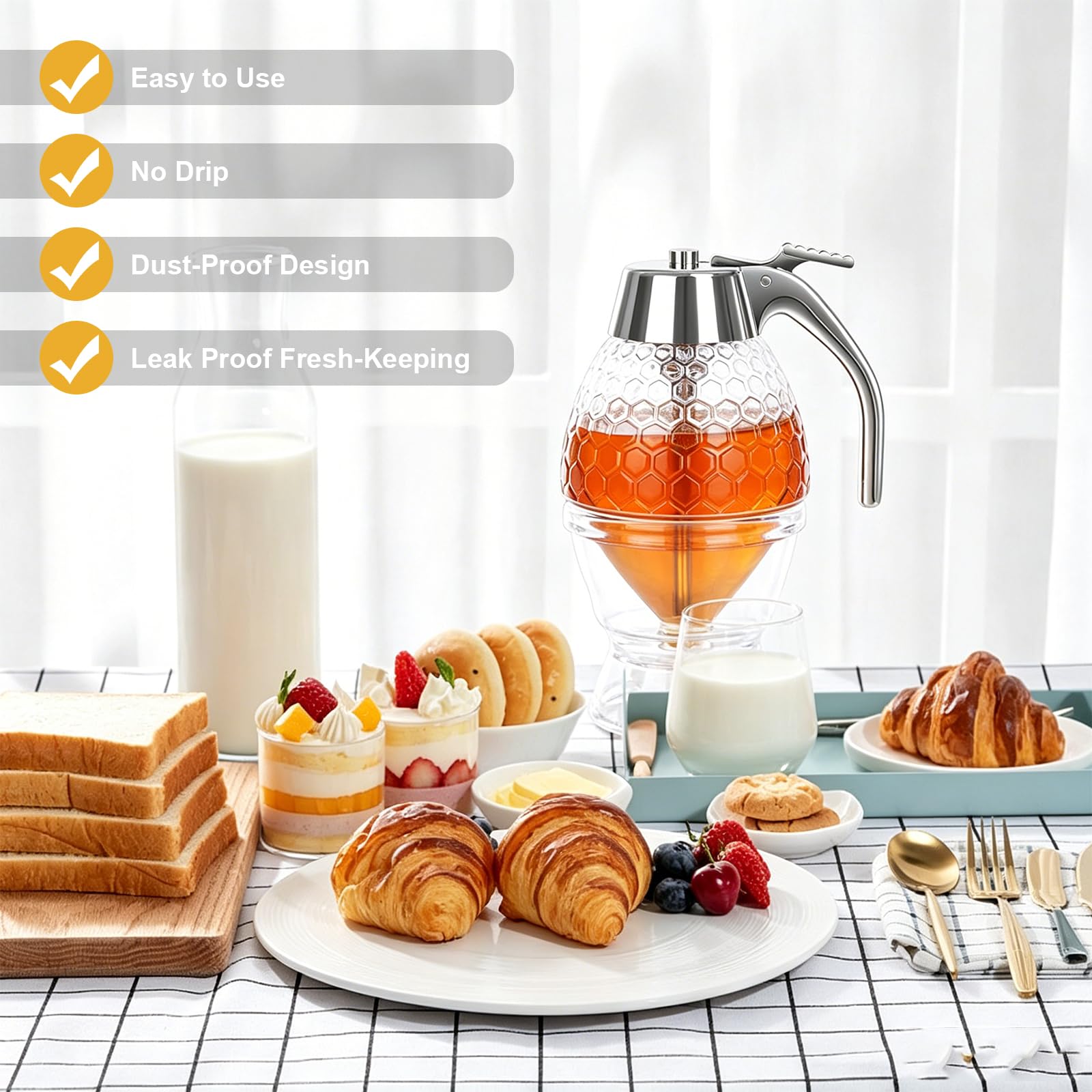 Dispenser per Miele in Acrilico con Base e Manico, Contenitore per Miele e Sciroppo Anti-Goccia, Dosatore per Cucina, Colazione e Pasticceria, Capacità 237 ml