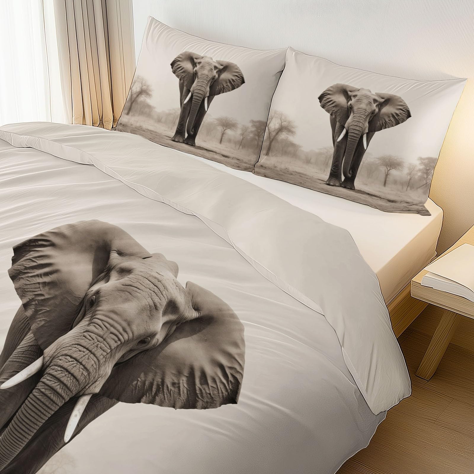 Copripiumini 200 x 200 cm 3 pezzi,reversibile Morbido Stampe Elefante Documentario Natura Selvaggia set da letto federe copripiumino per adulti Bianco