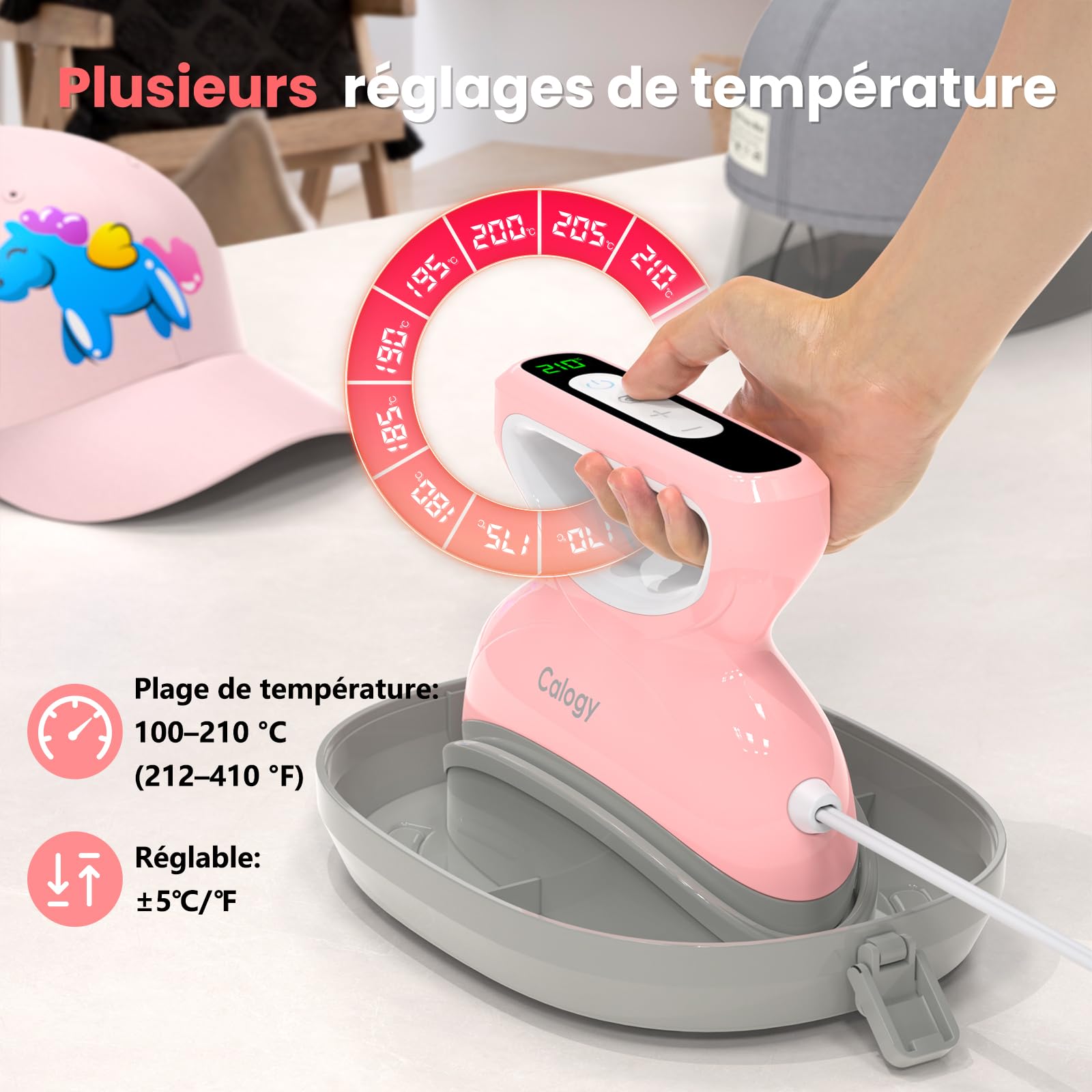 Calogy Mini presse à chaud pour chapeaux, compte à rebours température maximale de 210 ℃ avec base de presse ronde, machine de transfert de chaleur pour casquettes, bavoirs, snapbacks, bonnets (Rose)