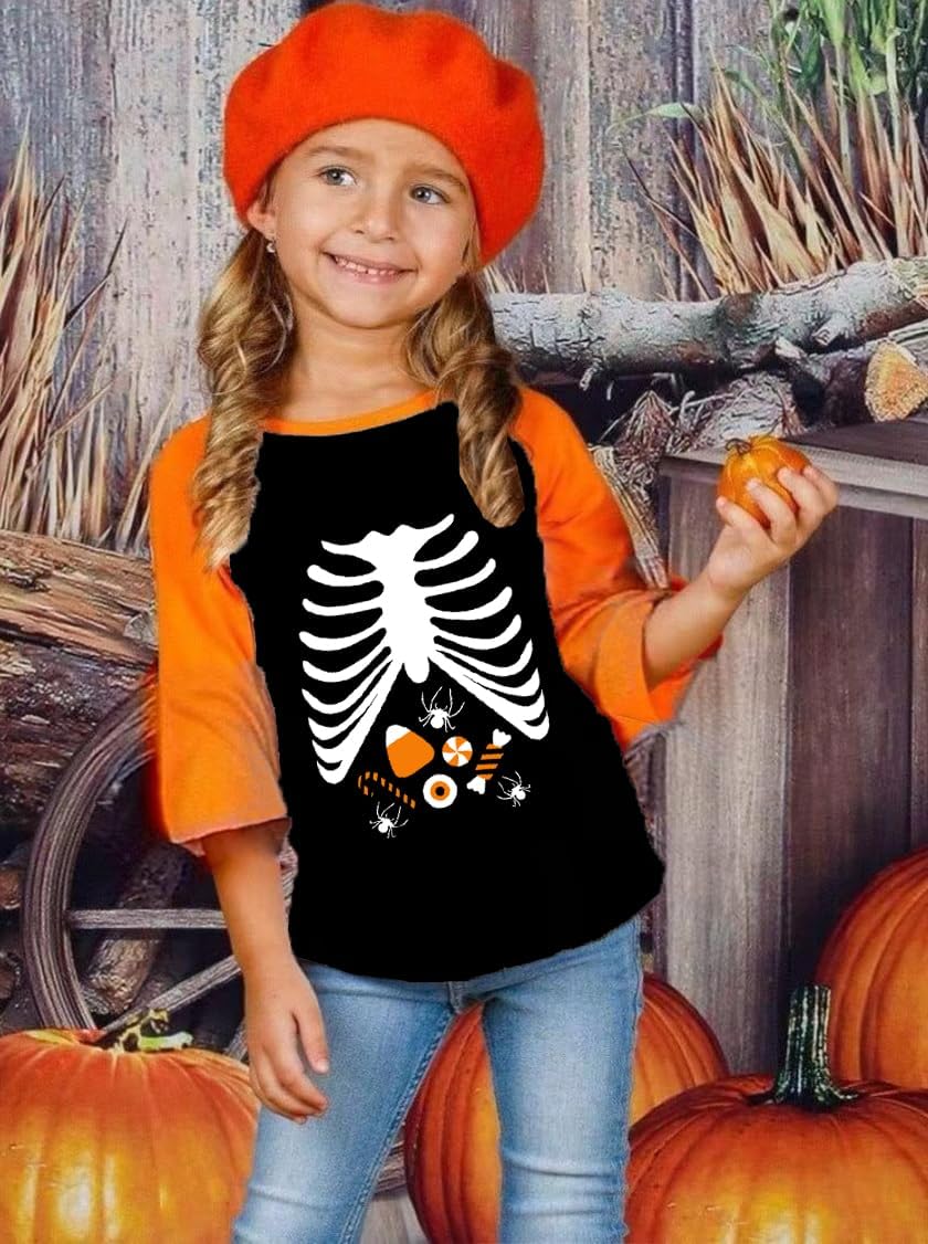 Kids Halloween Shirt Boys Girls Skeleton Hocus Pocus Pumpkin Face Glow in The Dark Graphic Tees Stripe Toddler Long Sleeve