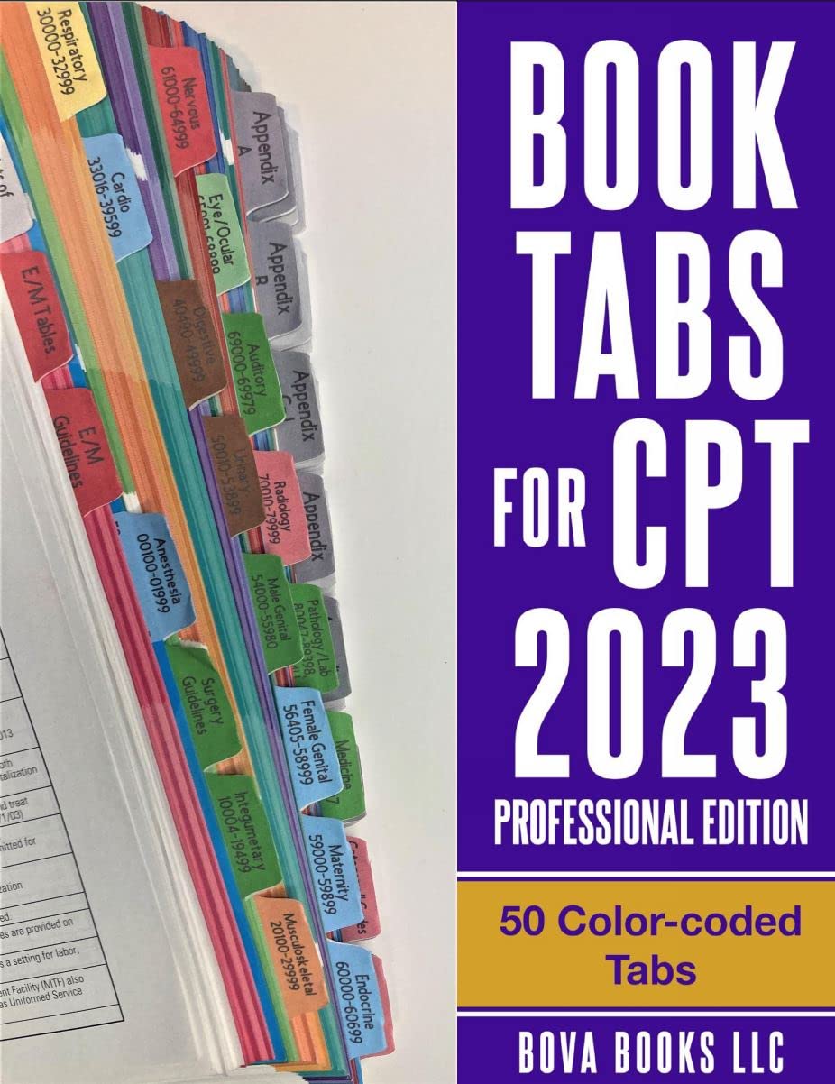 Book Tabs for CPT 2024 Professional Edition (AMA Version). Laminated, Color-coded, and Repositionable with alignment card for easy application.