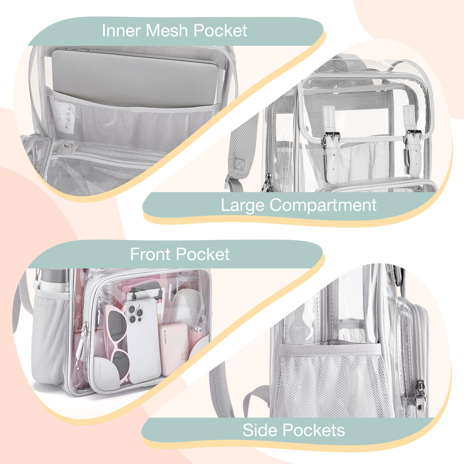 Mommore Heavy Duty Clear PVC Backpack - Thick Transparent Bag With Leather Trim, Fits 15.6" Laptop