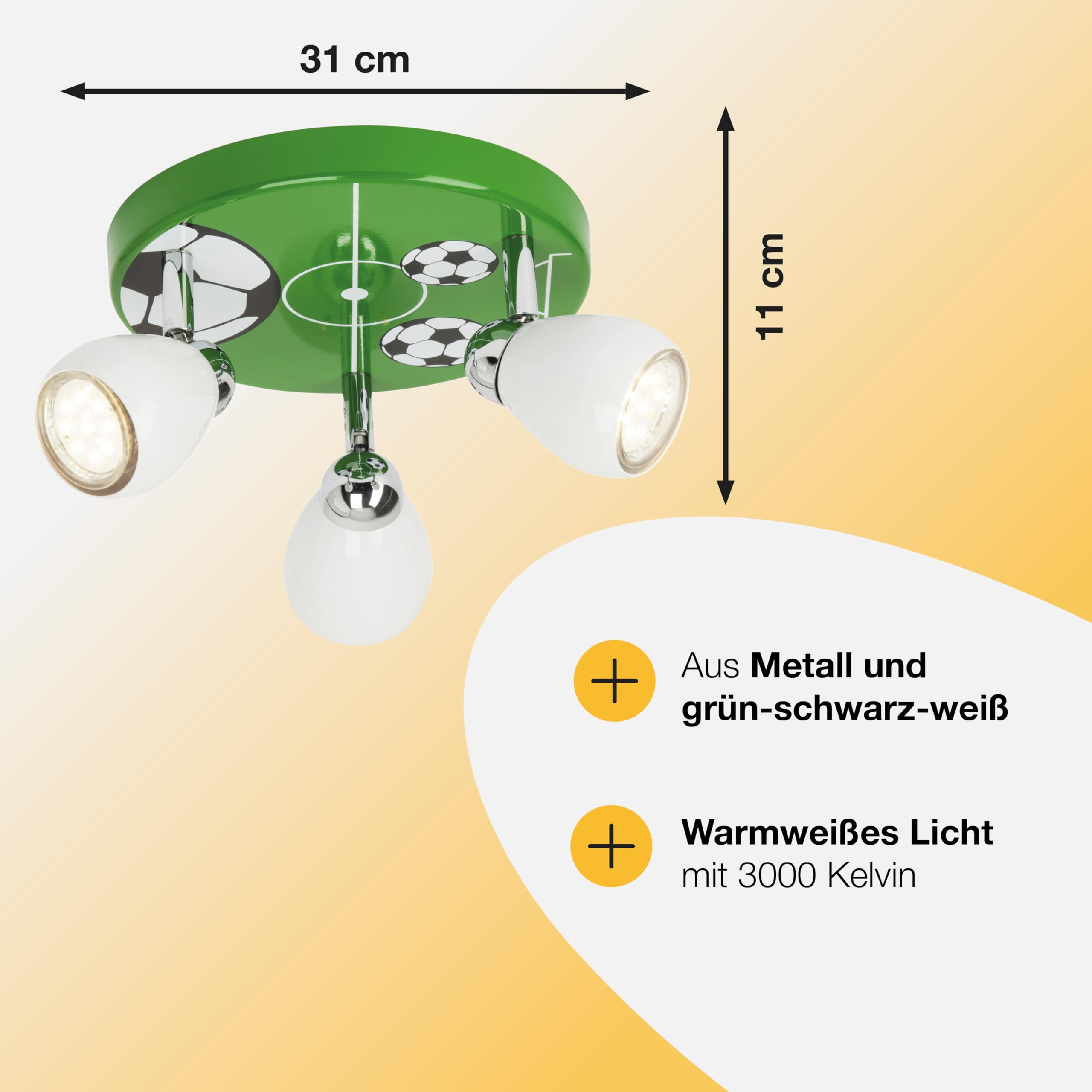 BRILLIANT Lampe Soccer LED Spotrondell 3flg weiß/grün-schwarz-weiß | 3x LED-PAR51, GU10, 3W LED-Reflektorlampen inklusive, (250lm, 3000K) | Köpfe schwenkbar