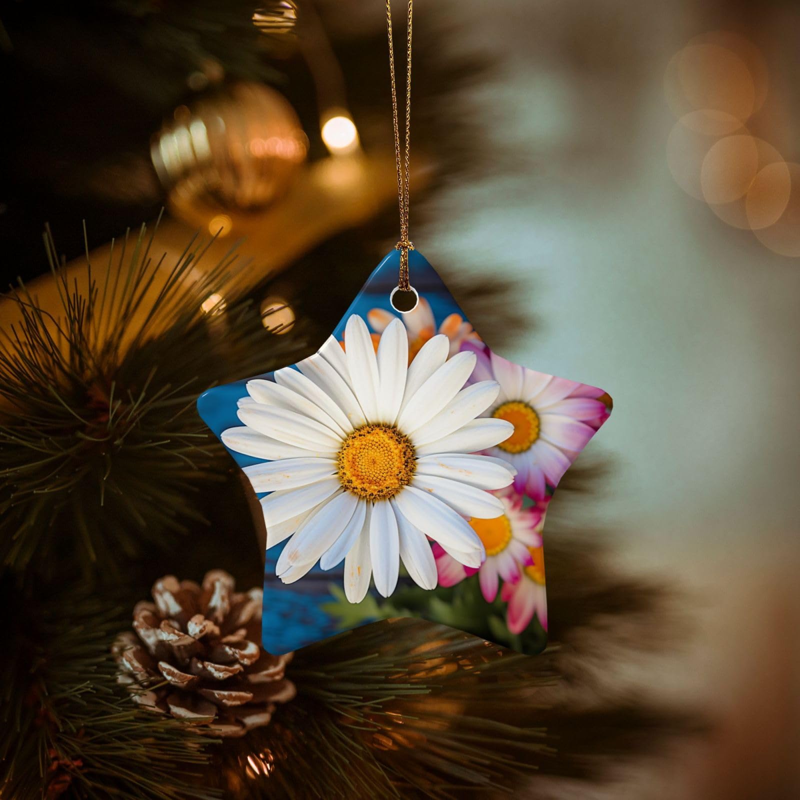 Christmas Ornaments for Christmas Tree Decoration Hanging Barberton Daisy Ornament with Gold Ribbon Crafts Star Shape Ceramic Pendant for Keepsake Gifts Xmas Decor Party Supplies
