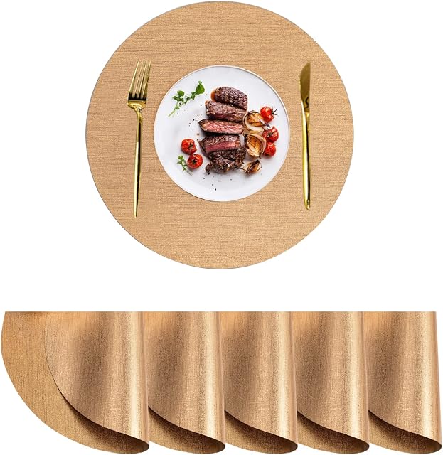 Set of 6 Gold Placemats PVC Non Slip Washable Coaster Sets for Hotel Outdoor Indoor Dinning Table (Round 38x38cm)