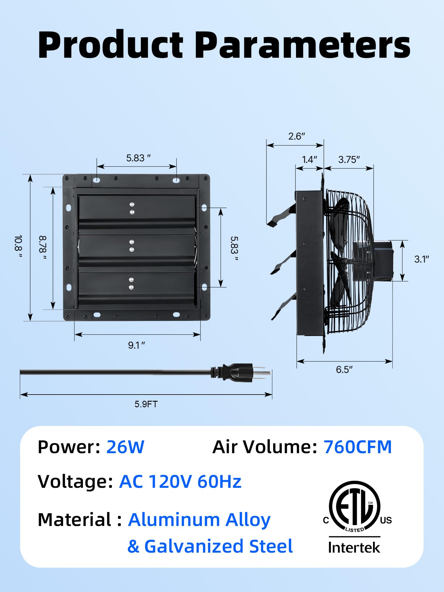 8-calowy wentylator wyciągowy 760 CFM, 40 dB cichy wentylator chłodzący, montowany na ścianie wentylator wyciągowy do garażu, szklarni, strychu, piwnicy, kurnika