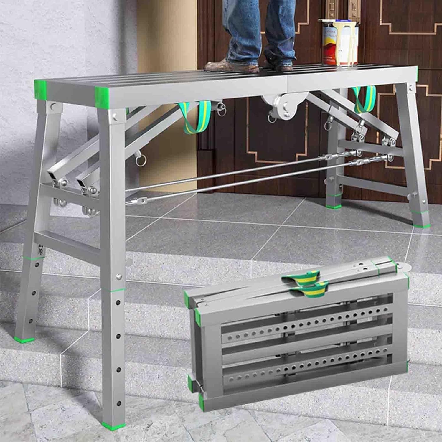 Plataforma de trabajo de altura ajustable, escalera de aluminio plegable ligera, 400 kg de carga máxima, taburete de andamio de 120 cm