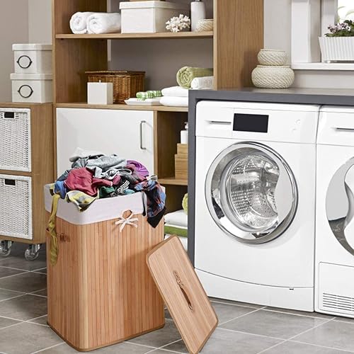 Miniatura 9 de Byroce - Cesta de lavandería de bambú, cesta plegable para la ropa sucia con tapa, forro extraíble y asas, contenedor de almacenamiento para ropa