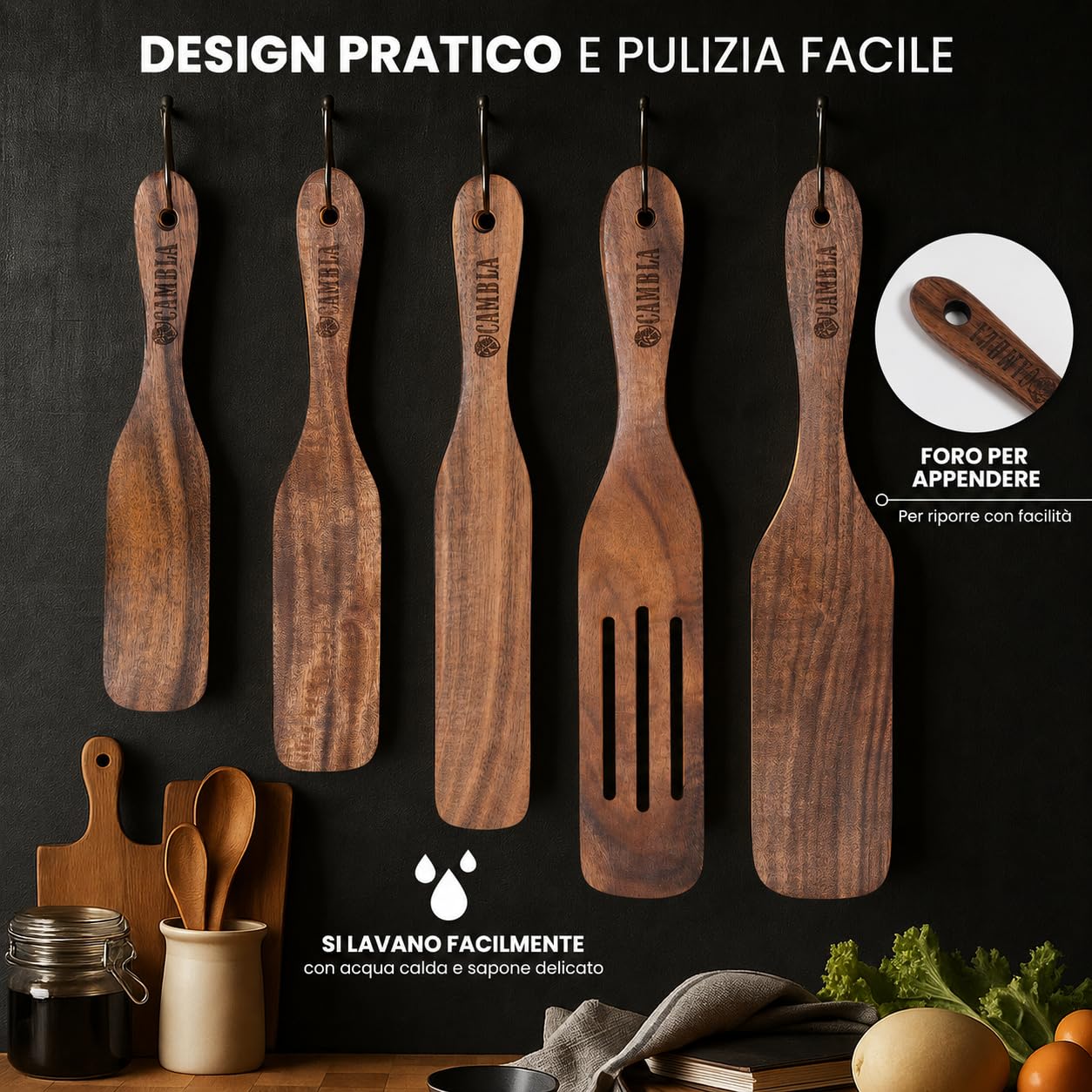 Spatole da cucina in legno - Set di 5 utensili da cucina in legno di teak, resistenti e antiaderenti, ideali per girare, spalmare, servire e mescolare.