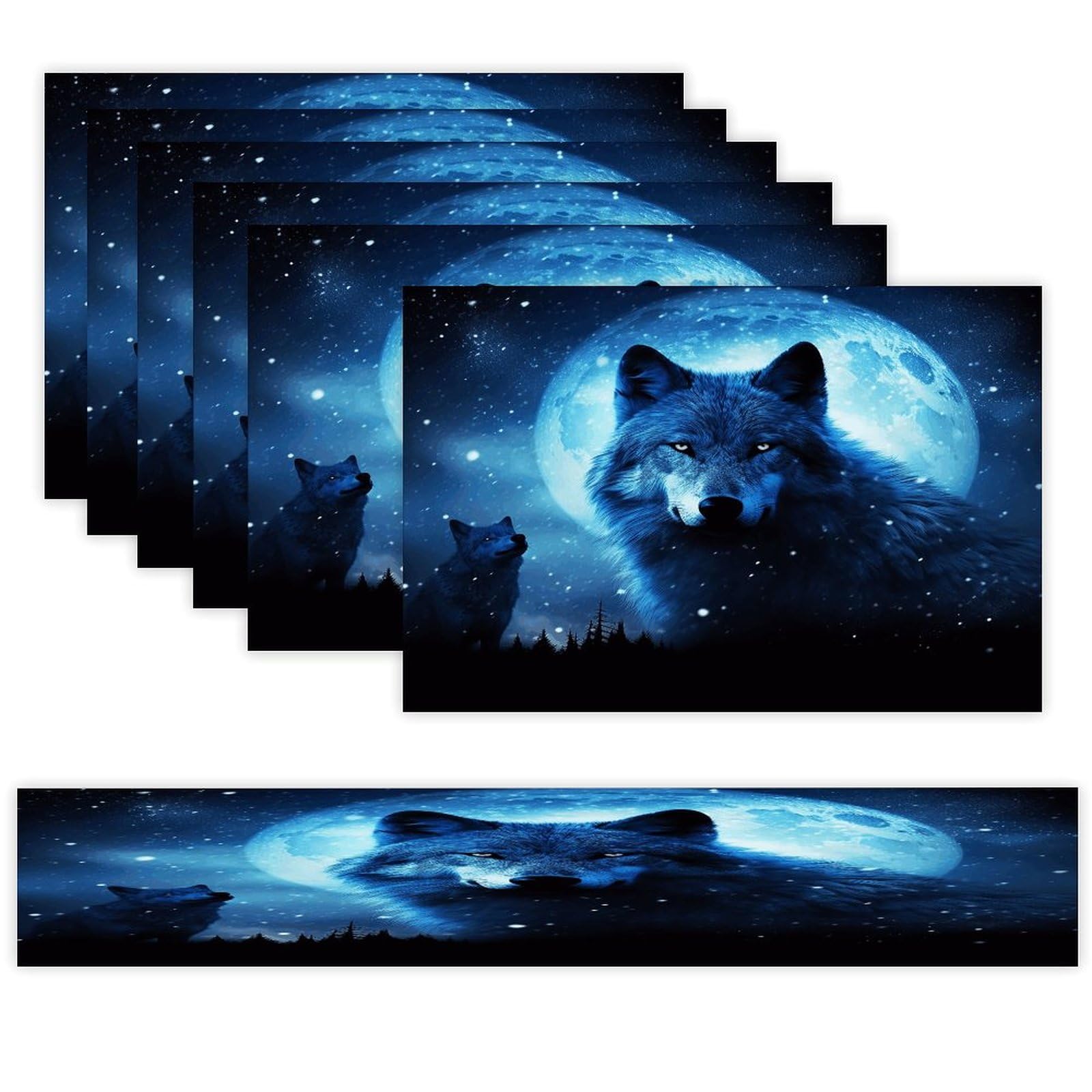 Wolfs Table Runner and Placemats of 6 Washable Heat Resistant Place Mats with Table Runner Vintage Holiday Table Mat Set for Holiday Party Kitchen Dining Deco