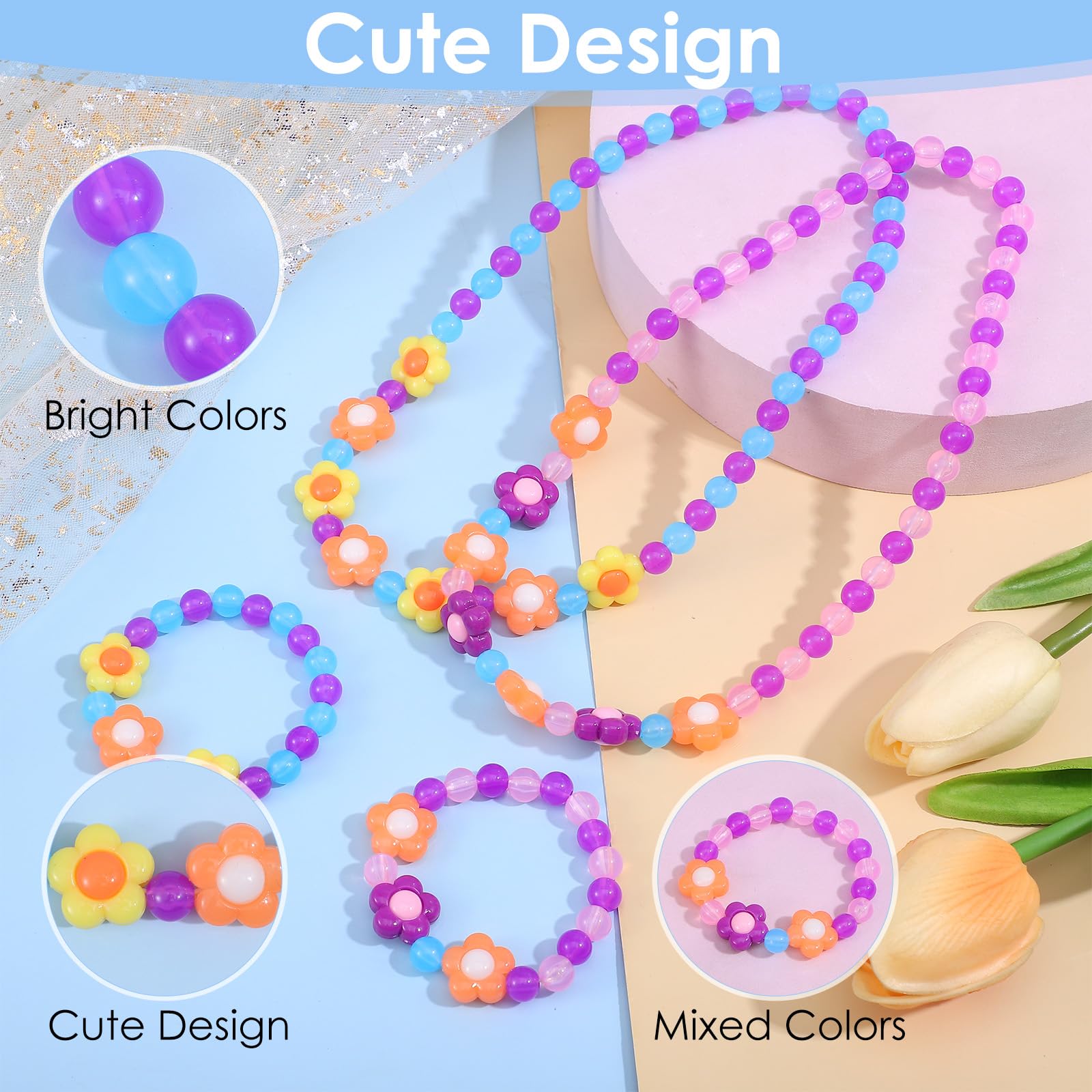 Ajcotahm Toddler Jewelry Set of 2 - Cute Flower Beads Necklace and Bracelet for Kids Toddler Little Girls Stretchy Princess Jewelry for Dress Up Birthday Parties Costume Play 1