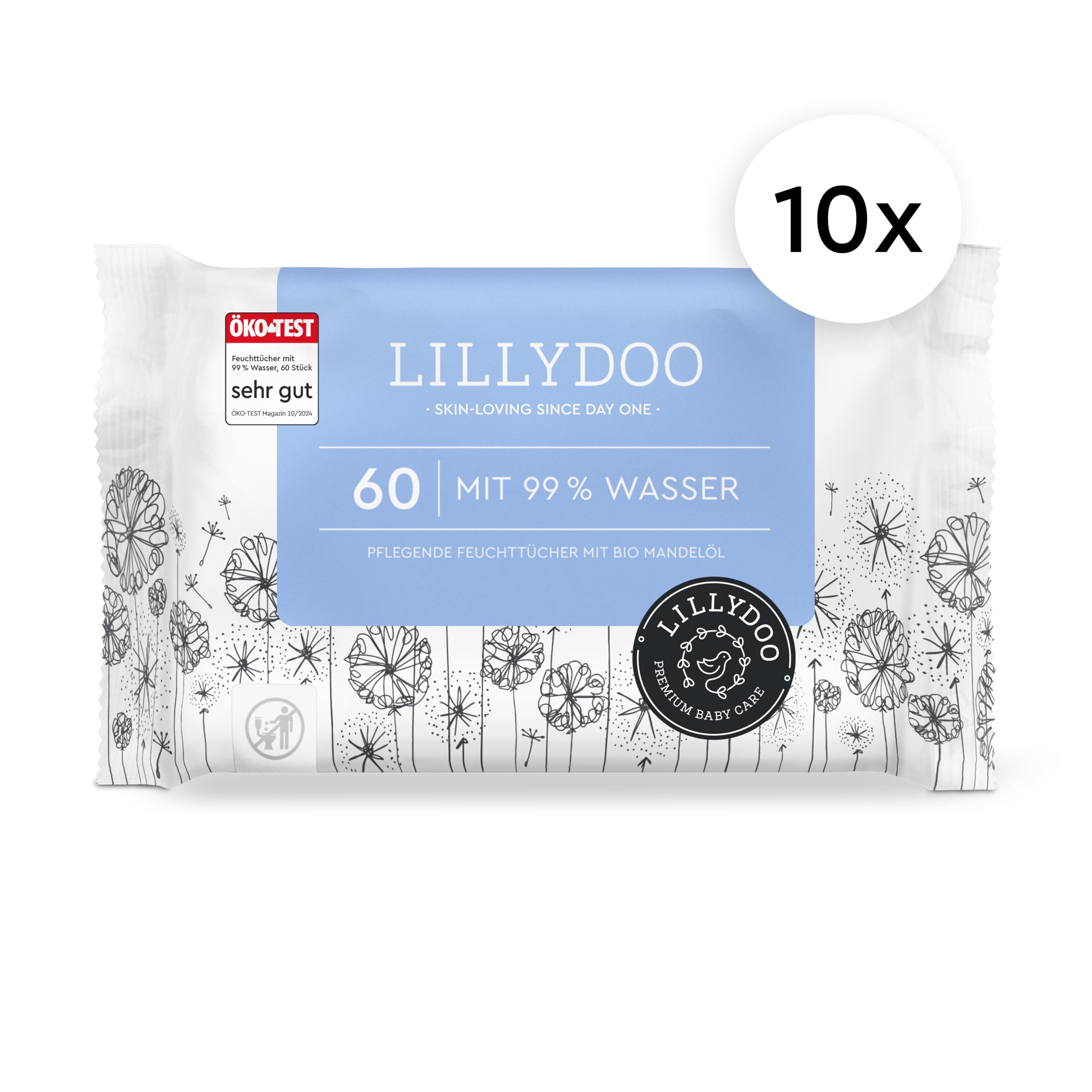 LILLYDOO Baby Feuchttücher mit 99% Wasser, 600 Stück (10 x 60), 100% plastikfreies Tuch, ohne Parfüme & mild wie Watte und Wasser